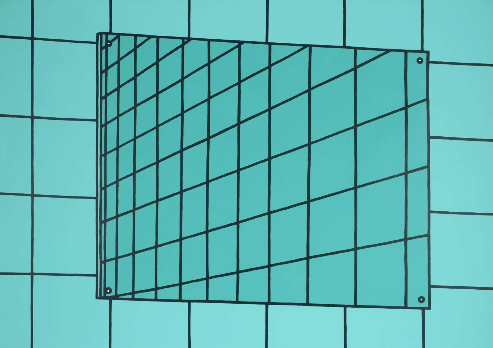 A printed image the by the artist Patrick Caulfield, which depicts a teal coloured bathroom mirror and walls, with interposing squares as tiles.