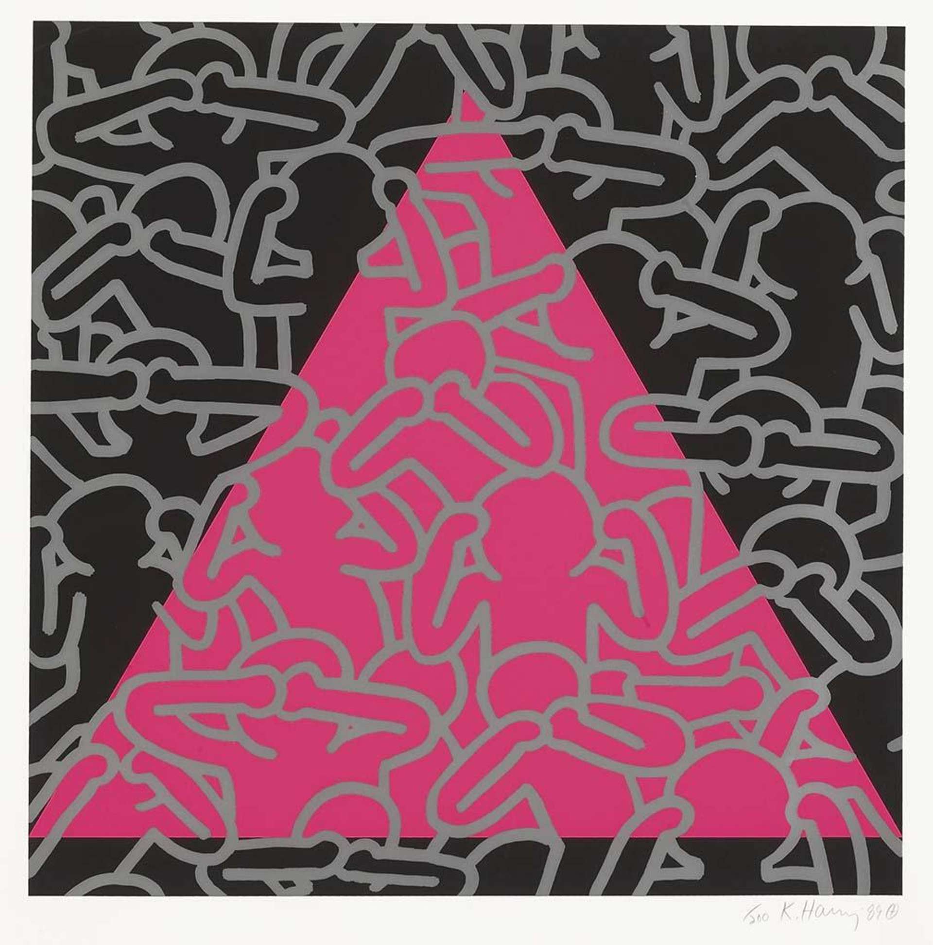 Keith Haring’s Silence = Death. A pink triangle against a black background with white outlines of figures covering their eyes, ears, and mouths.