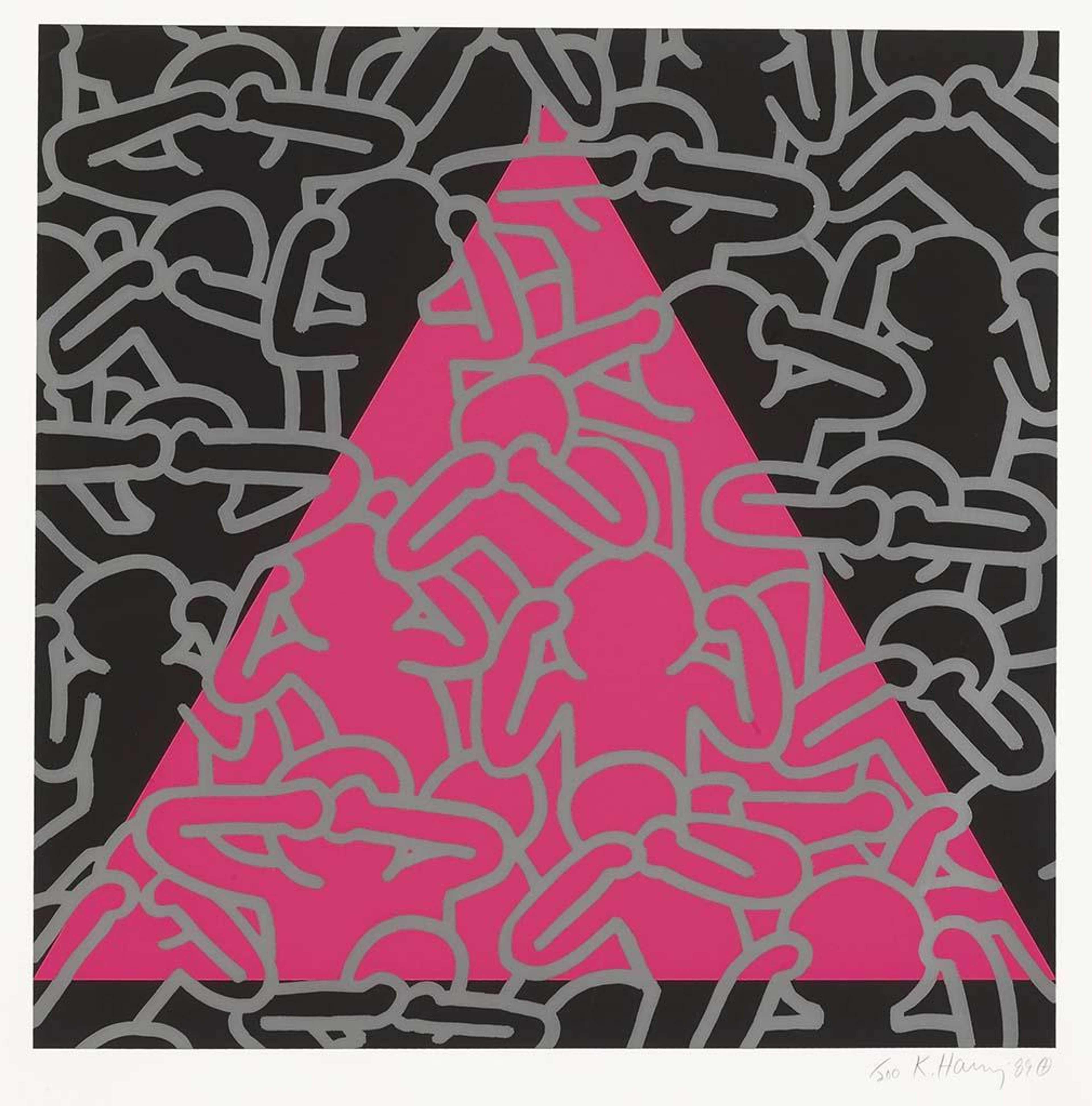 Keith Haring’s Silence Equals Death. A Pop Art screenprint of a pink triangle against a black square with figures covering their eyes, mouths, and noses. 