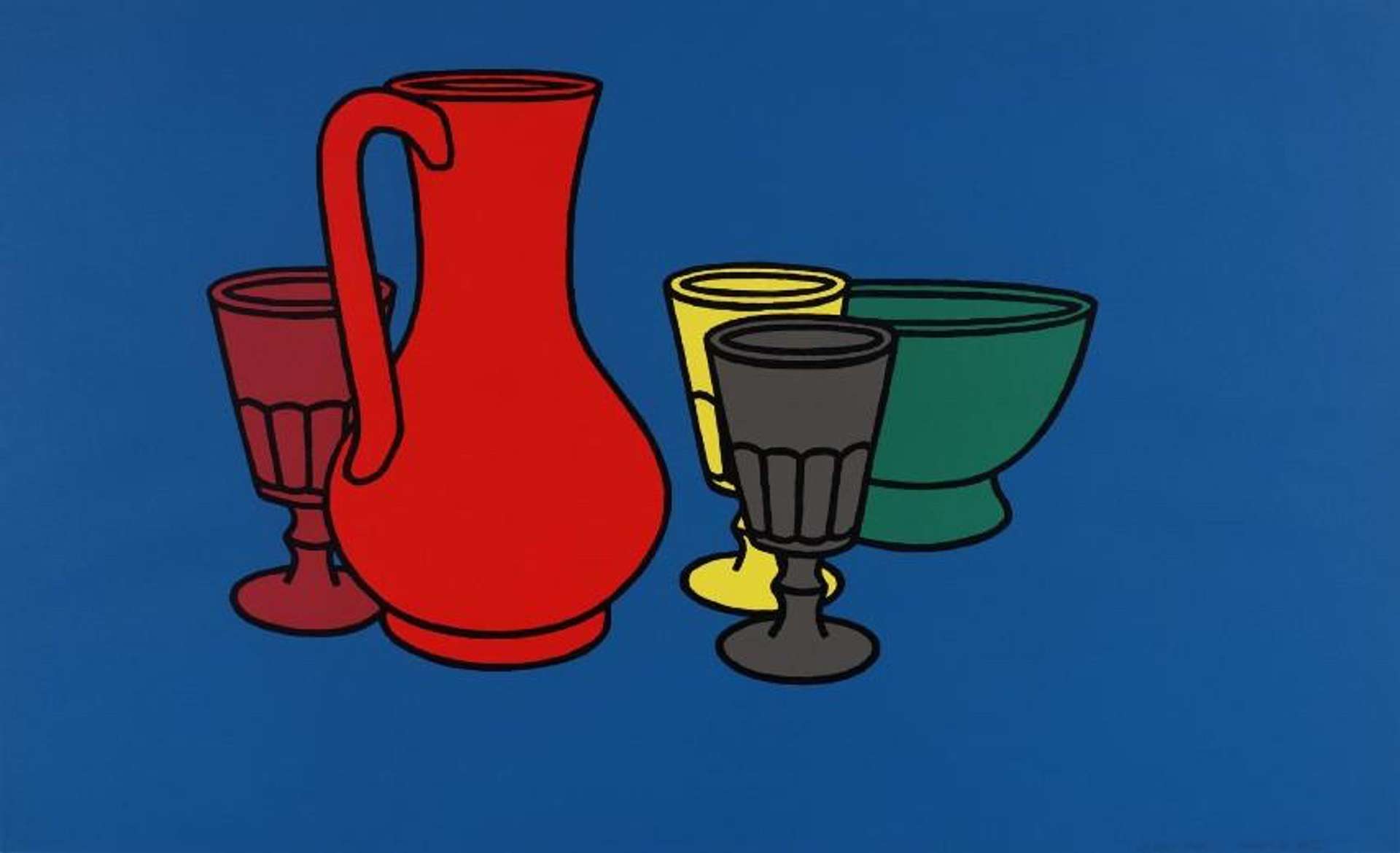  An image of the artwork Coloured Still Life (1967) by artist Patrick Caulfield. Three glasses, a jug and a bowl, drawn in graphic style and in solid colours, sit against a royal blue background.