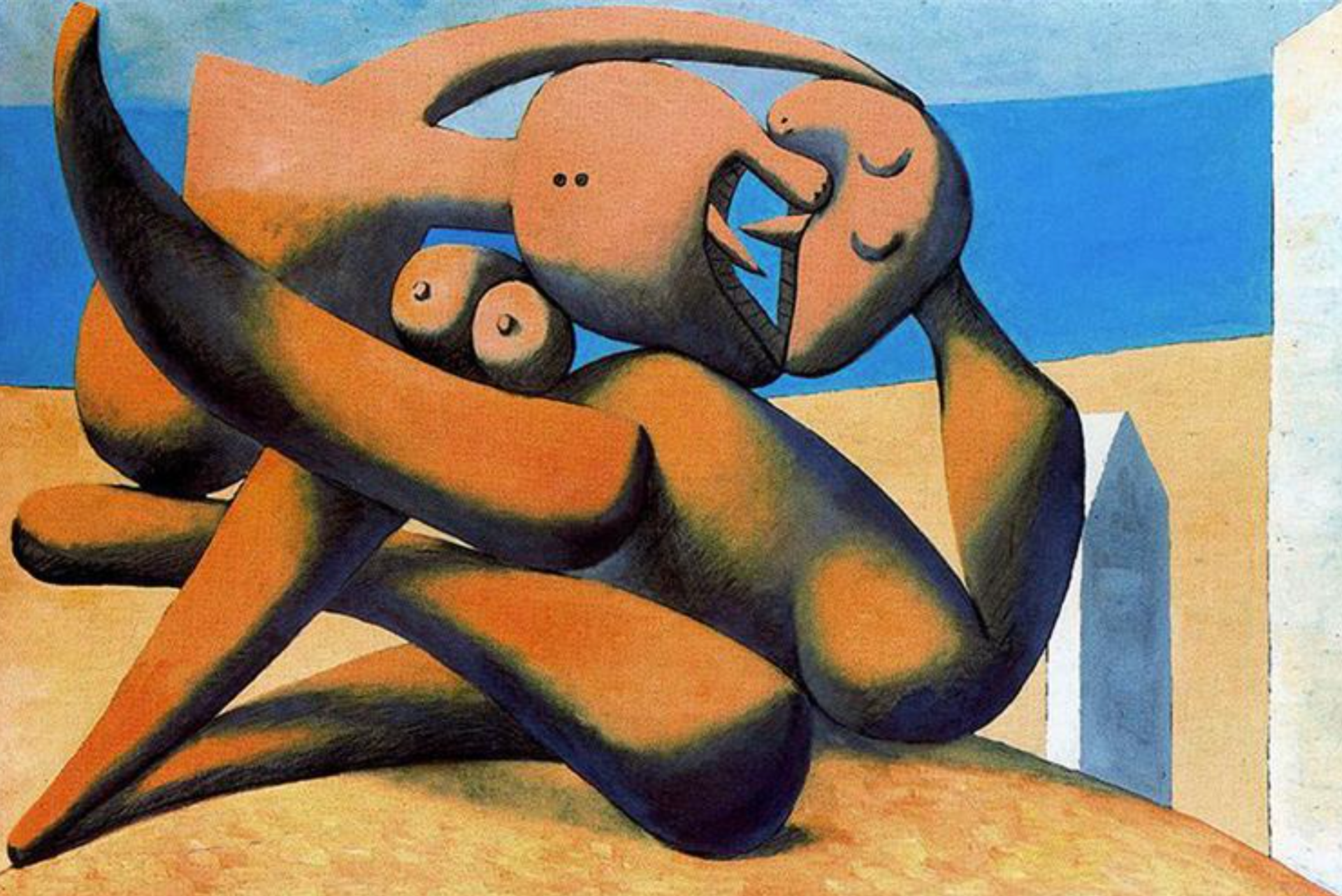 Painting by Picasso depicting two figures kissing. Their form is dissembled and sculptural. They are depicted in warm orange, against a yellow sand and vibrant blue sea. 