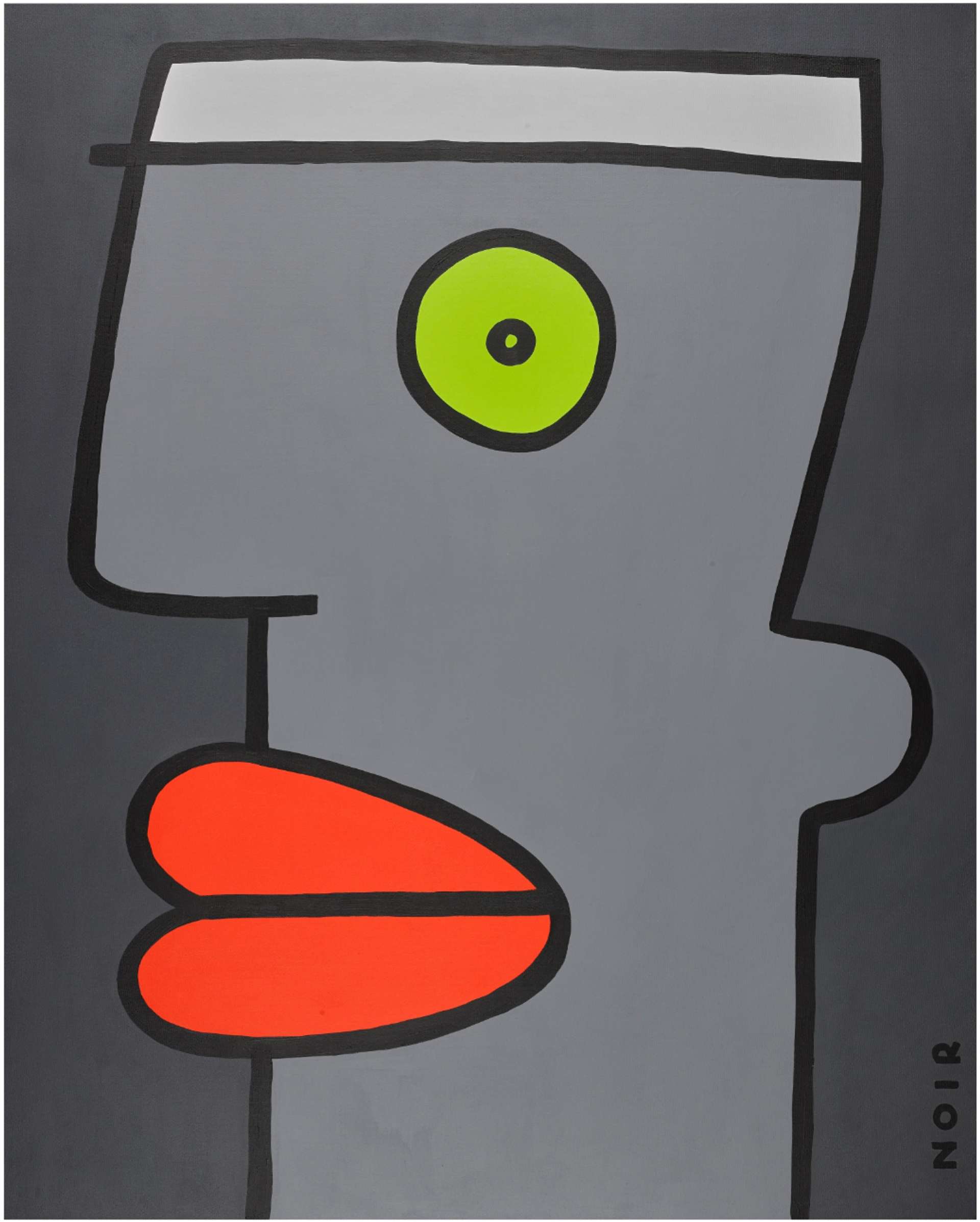An abstract canvas with shades of grey, vibrant red, and green. A bold black-lined caricature in a side profile is drawn over the colors. The green forms the eye, red creates exaggerated lips, and a lighter grey hue resembles a hat. The artwork is signed "NOIR" in the bottom left corner.