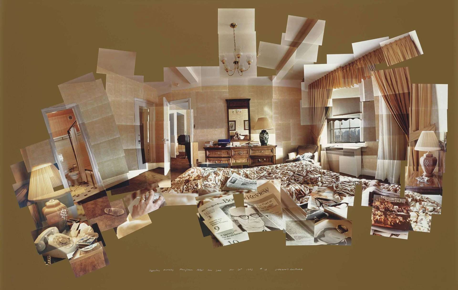 David Hockney's Sunday Morning Nov 28th 1982 Mayflower Hotel N.Y. A photo collage of the interior of a hotel room.