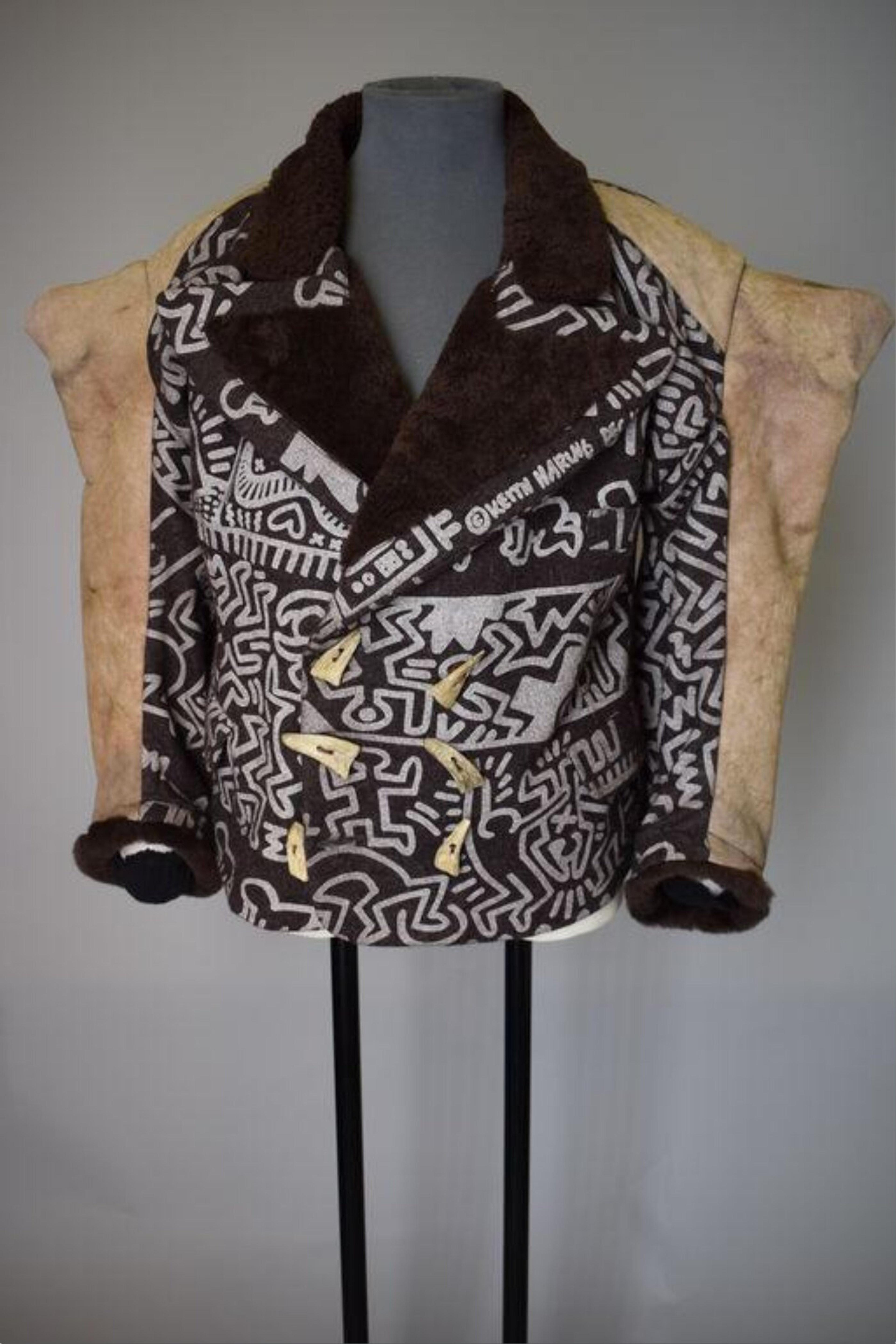 Man's jacket made of printed sheepskin, print designed by Keith Haring, jacket designed by Vivienne Westwood.