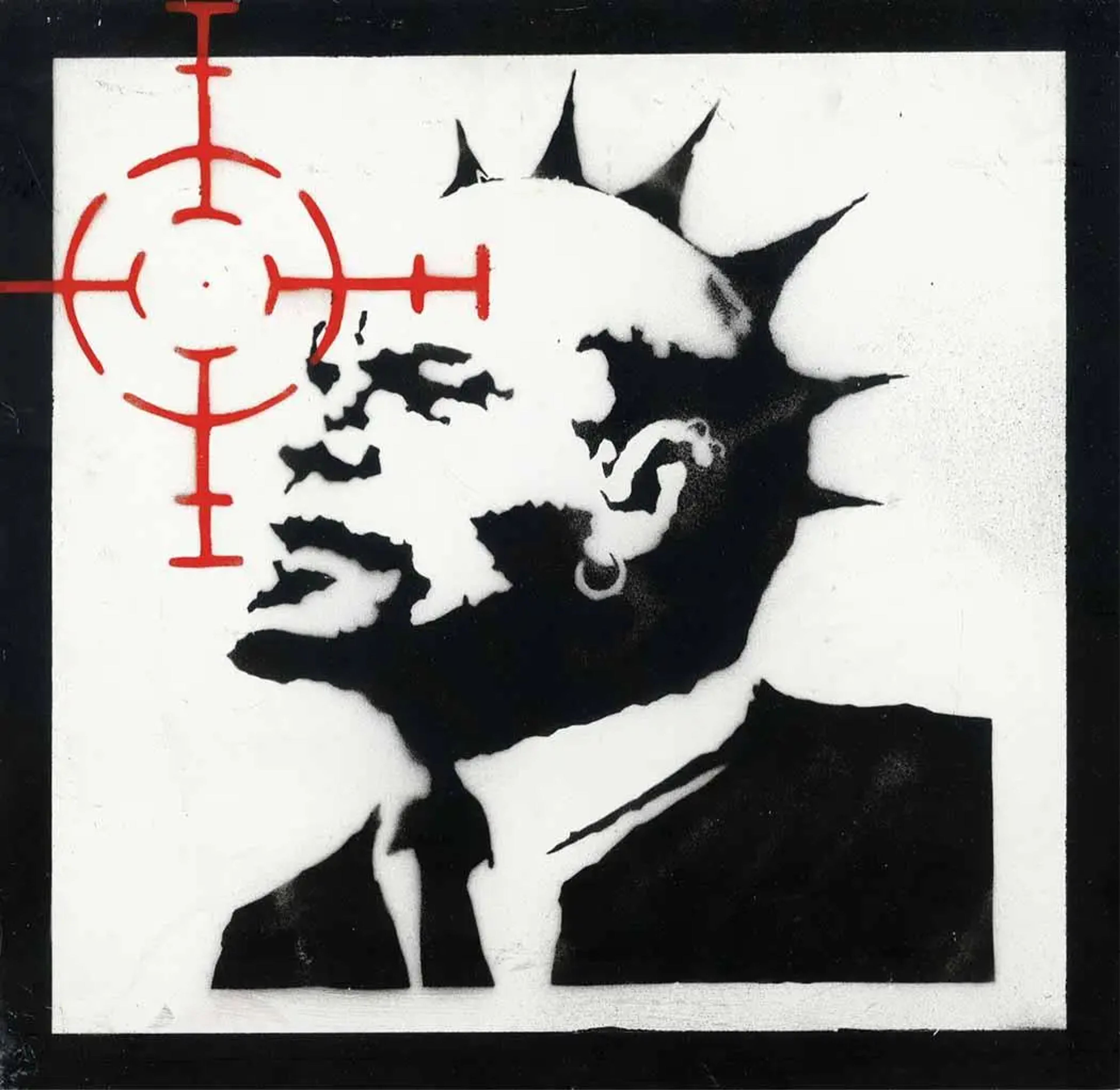 This work by Banksy reimagines Vladimir Lenin as a punk cultural icon, with spiky hair and a pierced earlobe. The Russian leader's face is partially obscured by a target of a sniper rifle.