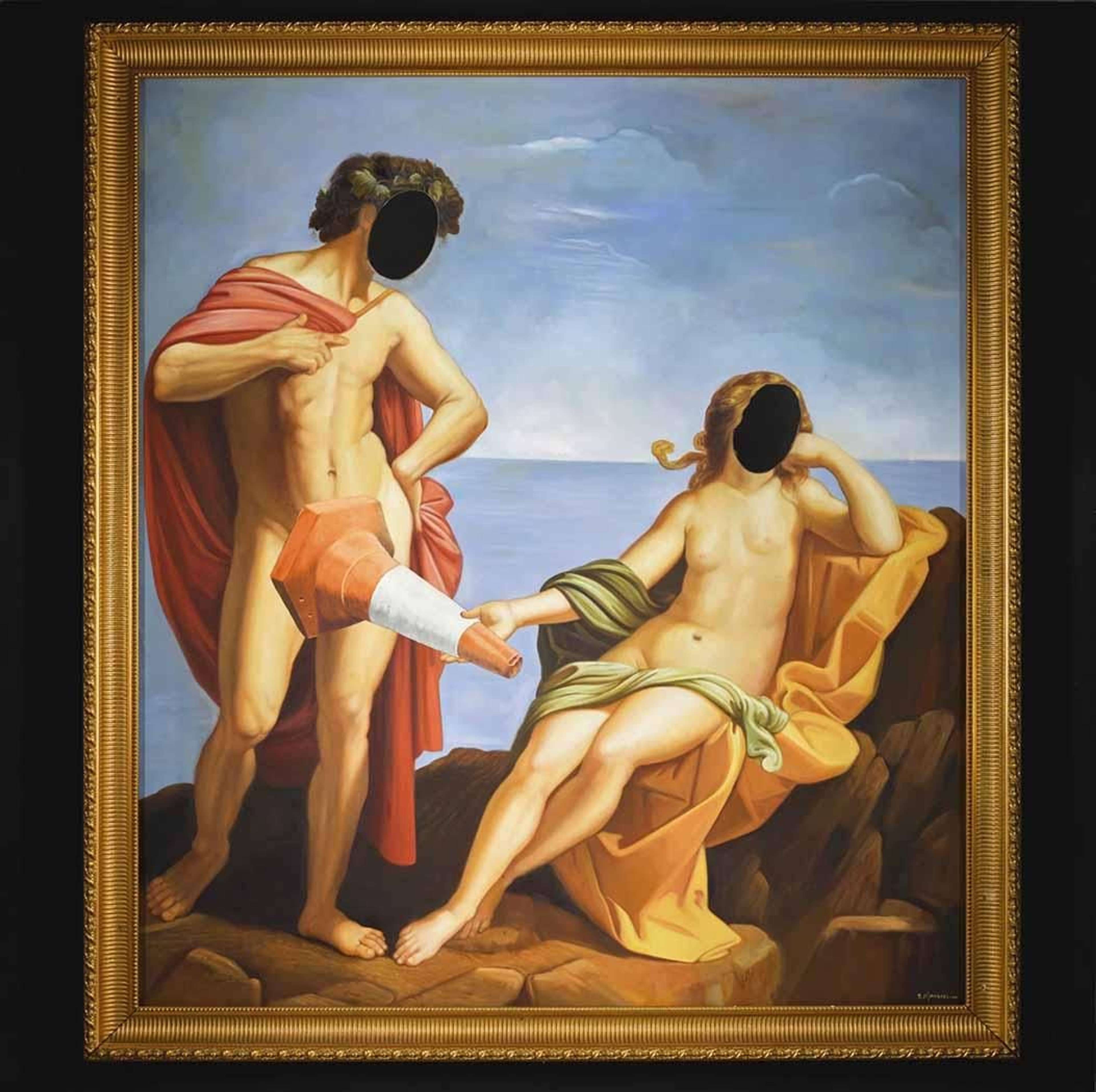 Banksy's Bacchus at the Seaside. A vandalised style oil painting of Reni’s Bacchus And Ariadne.