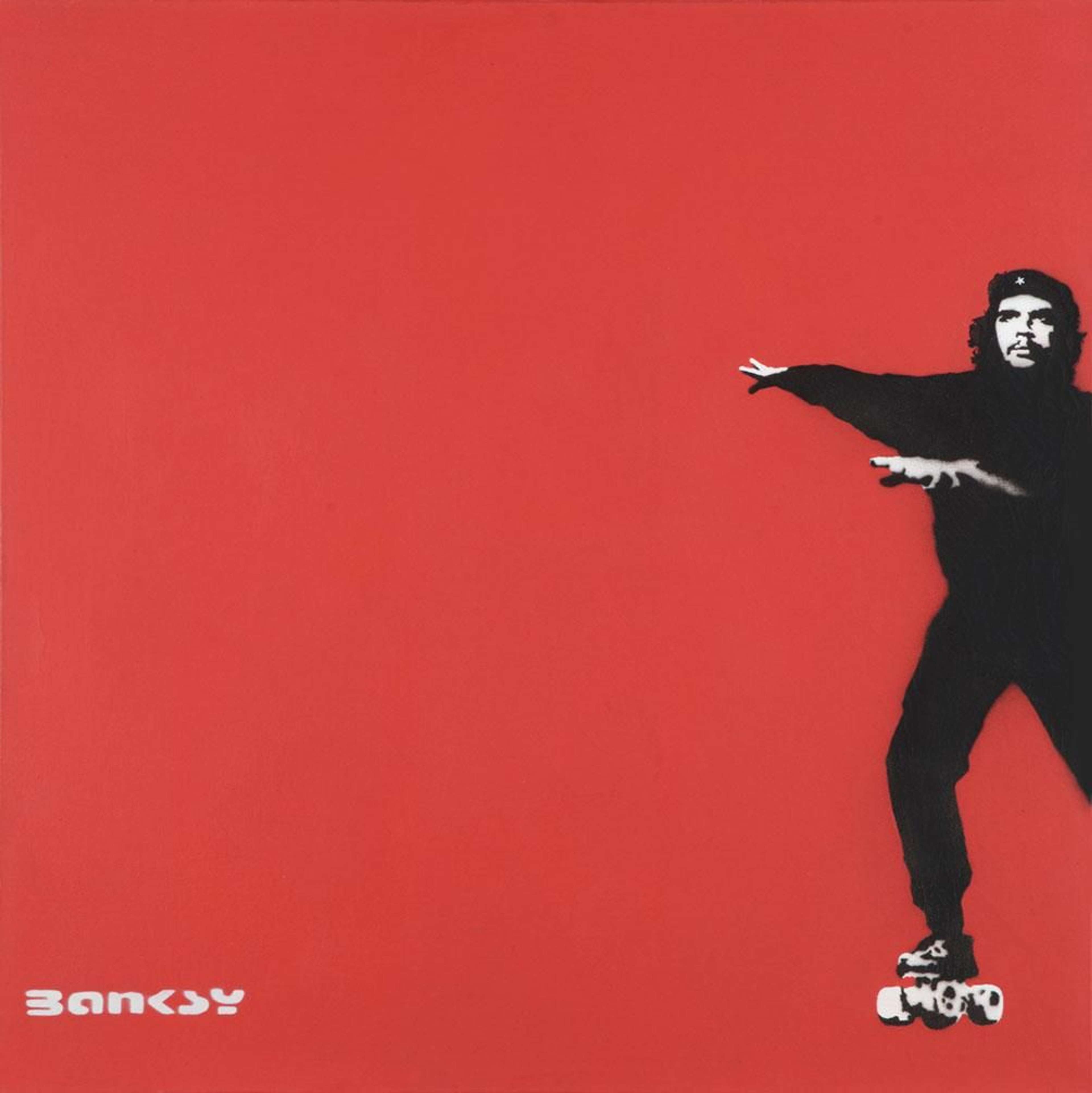 Banksy's Che Guevara On Skates. A spray paint work of man on roller skates against a red background.