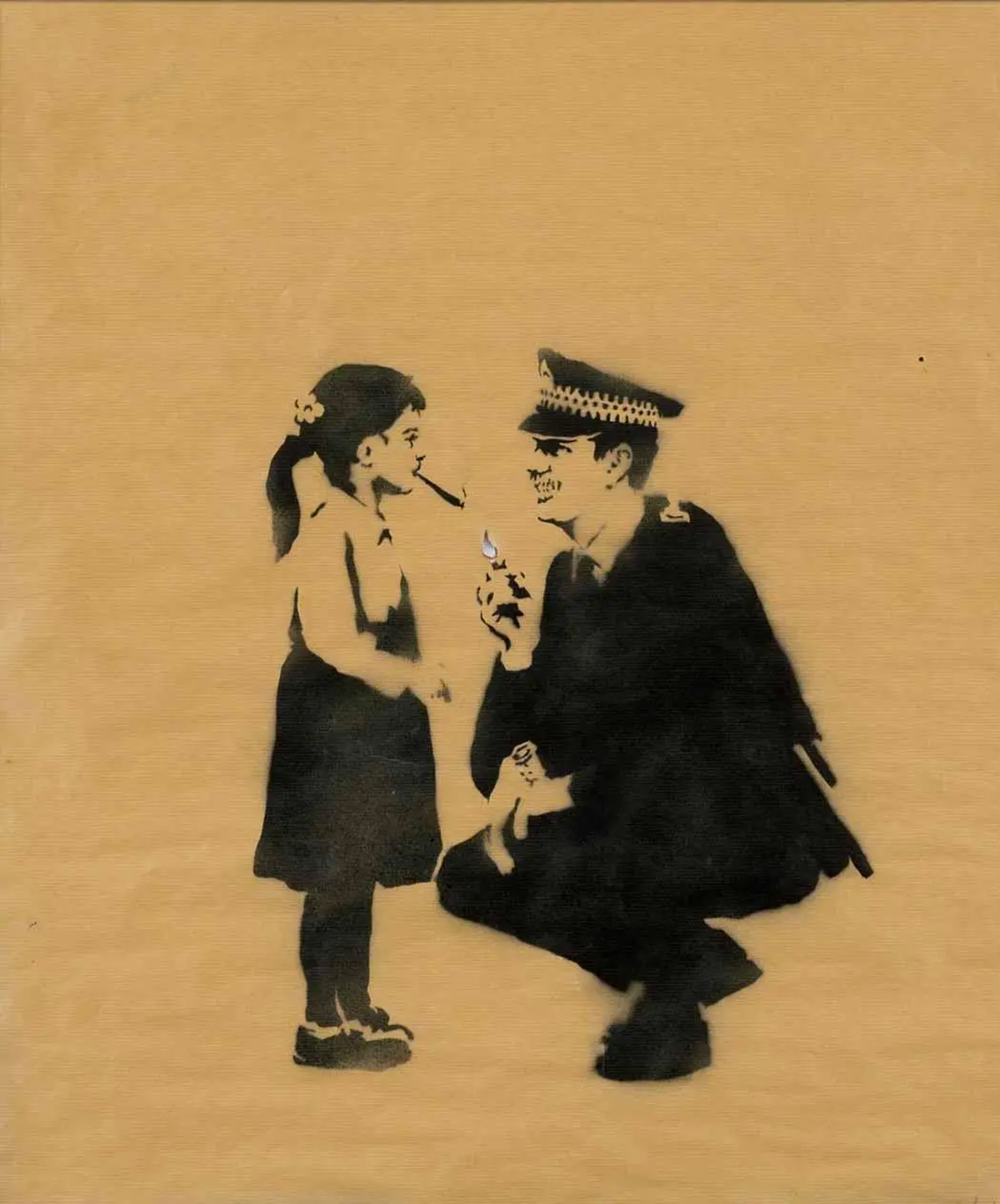 Lost Children (Glastonbury Festival) (2005) is a signed spray painting by Banksy, which depicts a grinning policeman as he kneels down to help a young girl light up a spliff. 