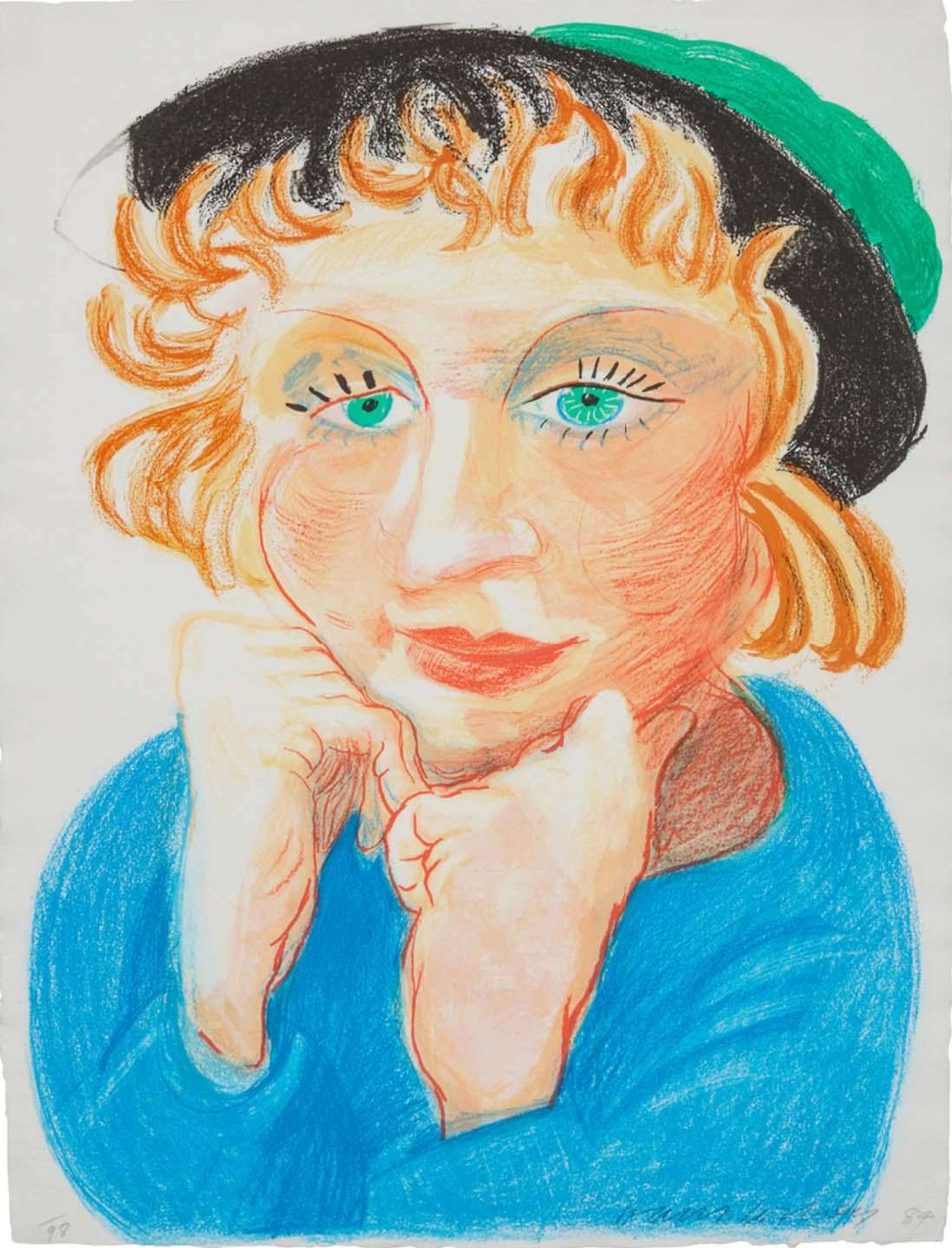 David Hockney’s Celia With Green Hat. A lithographic print of a woman with red hair, green eyes and red lips posed with her face between her hands wearing a blue sweater and green hat. 