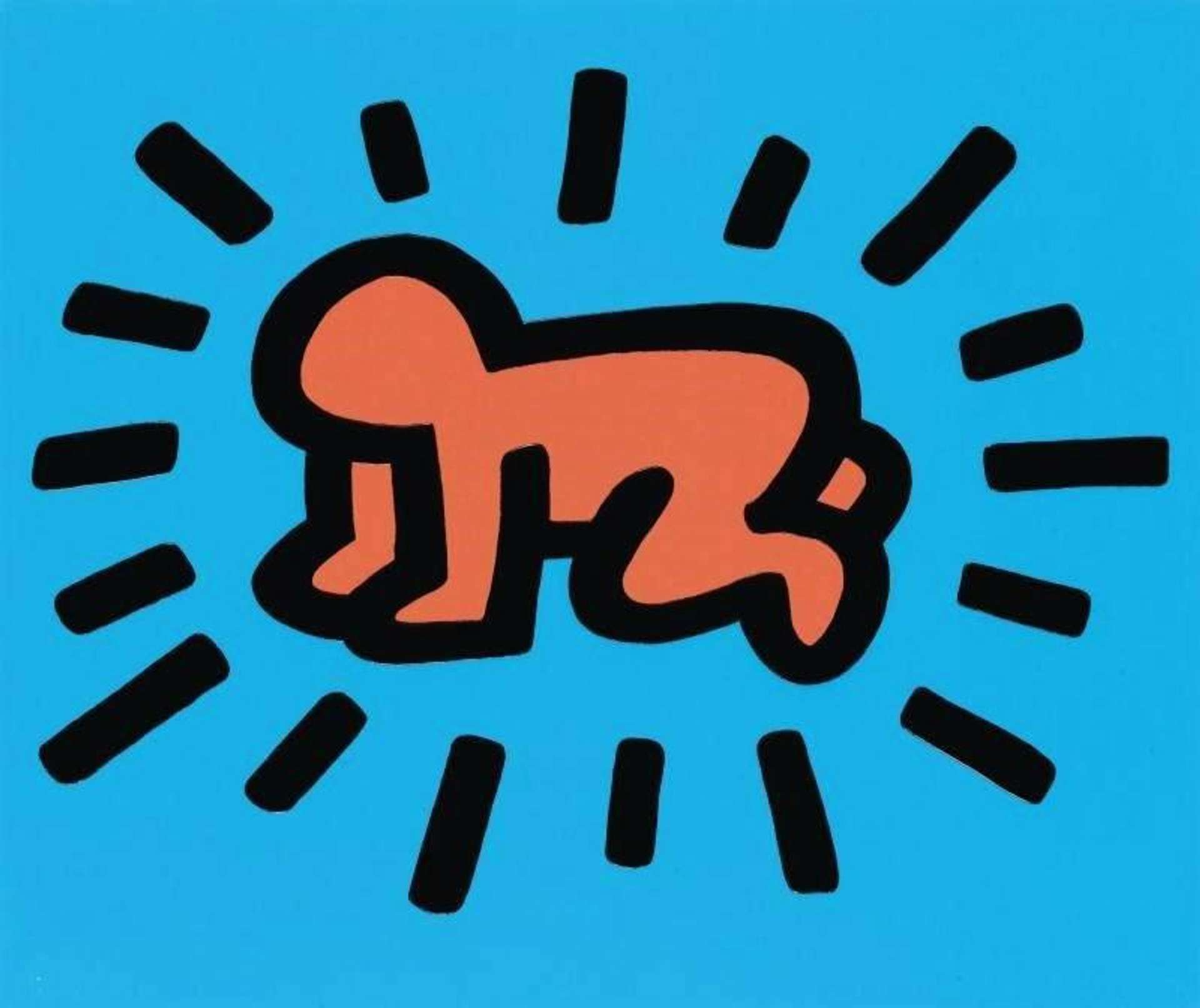 Radiant Baby by Keith Haring. The print depicts a crawling, red baby on a blue background, with lines radiating around the baby.