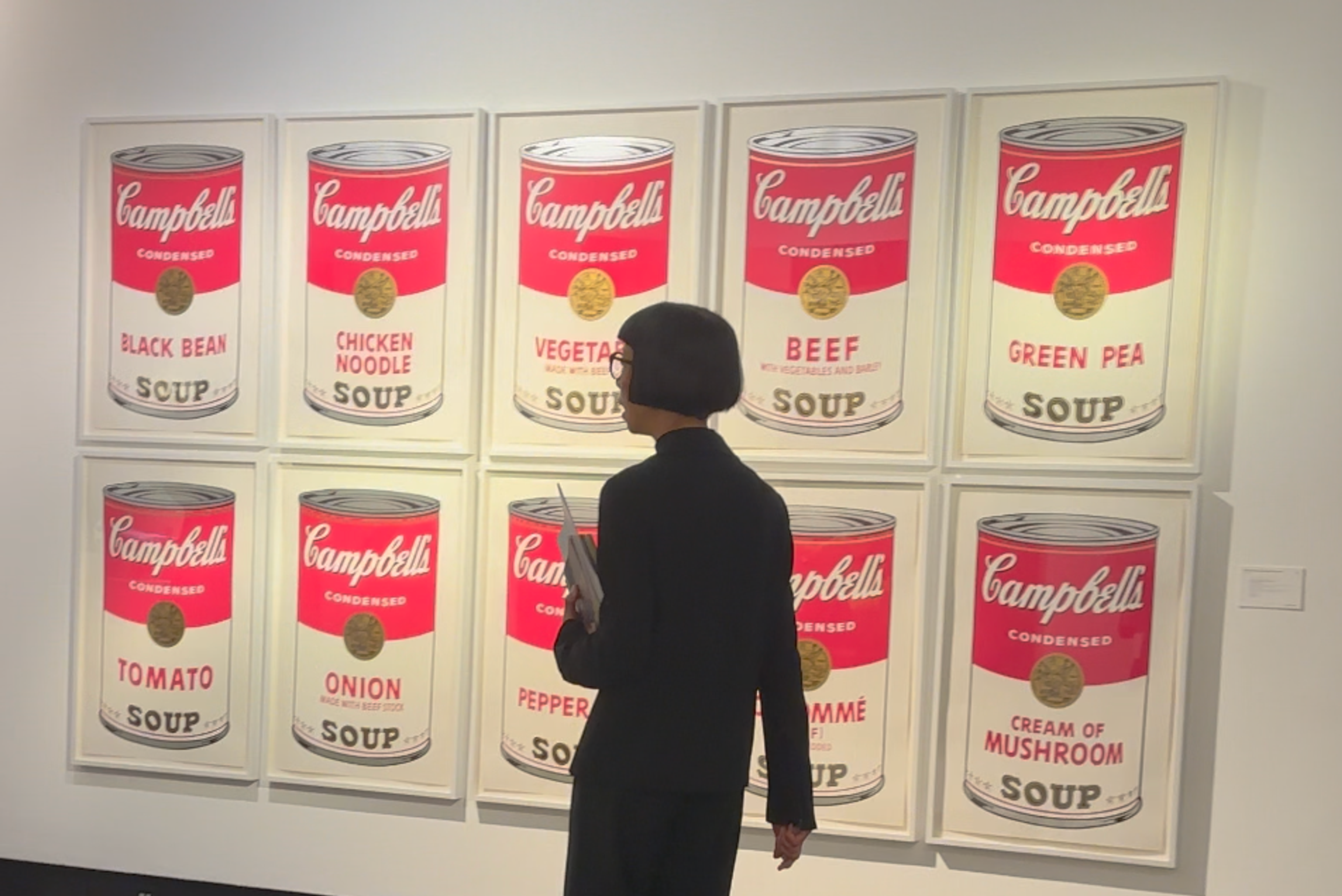 A woman stands in front of Andy Warhol's Soup Cans