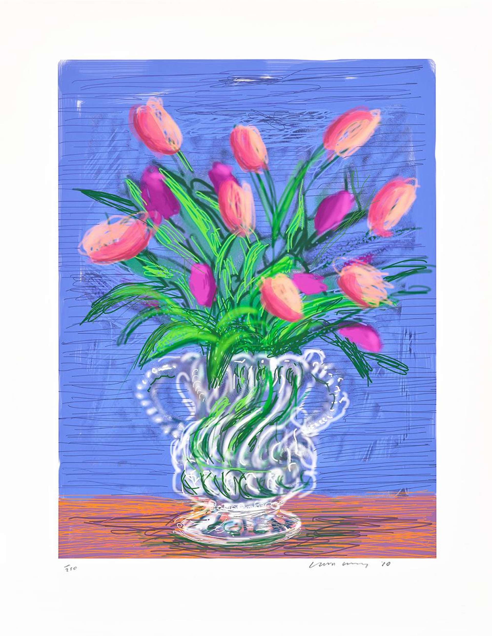 An iPad drawing by David Hockney depicting a vase of pink flowers set against a blue background.