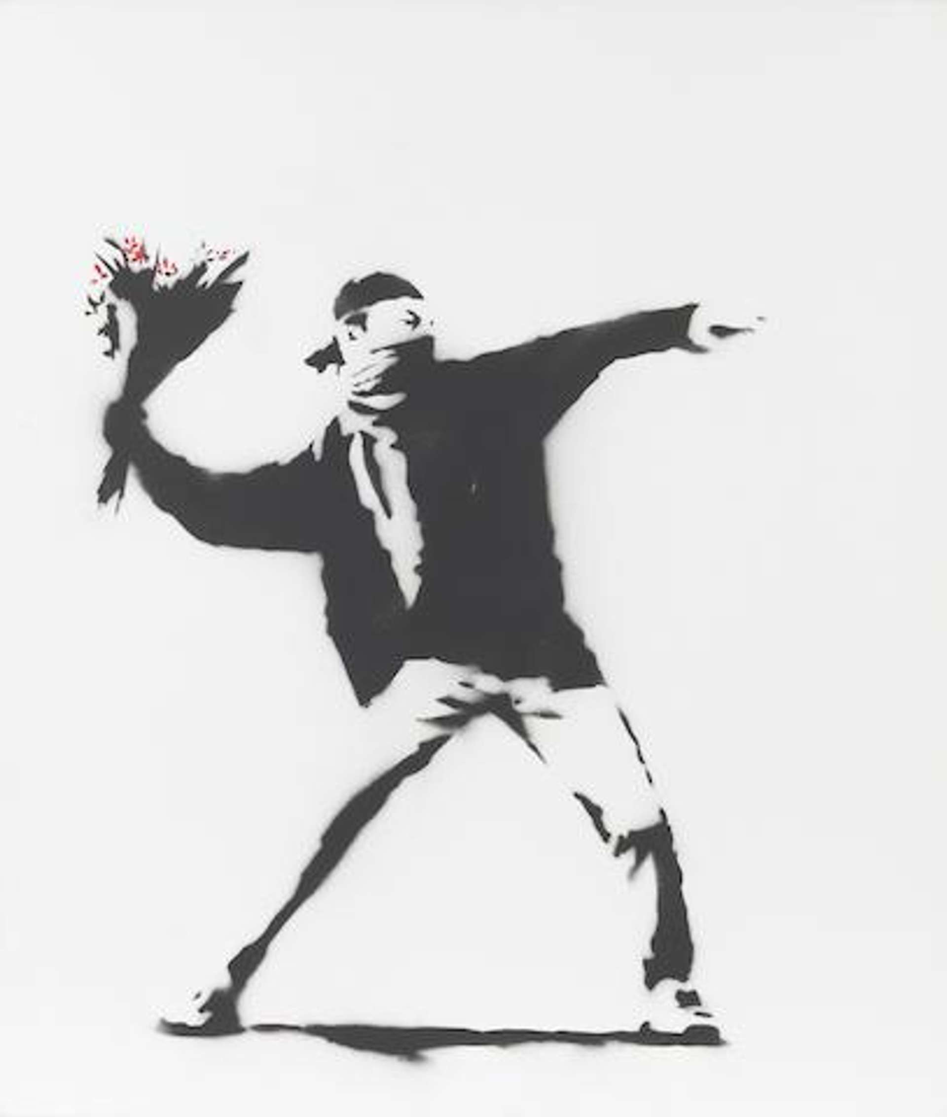 This image shows a man wearing a kerchief covering his mouth and nose and a baseball cap. The man is rendered using spray paint and a stencil in black and white. Captured in motion, the man appears to be throwing a bouquet of flowers at someone or something outside of the composition.