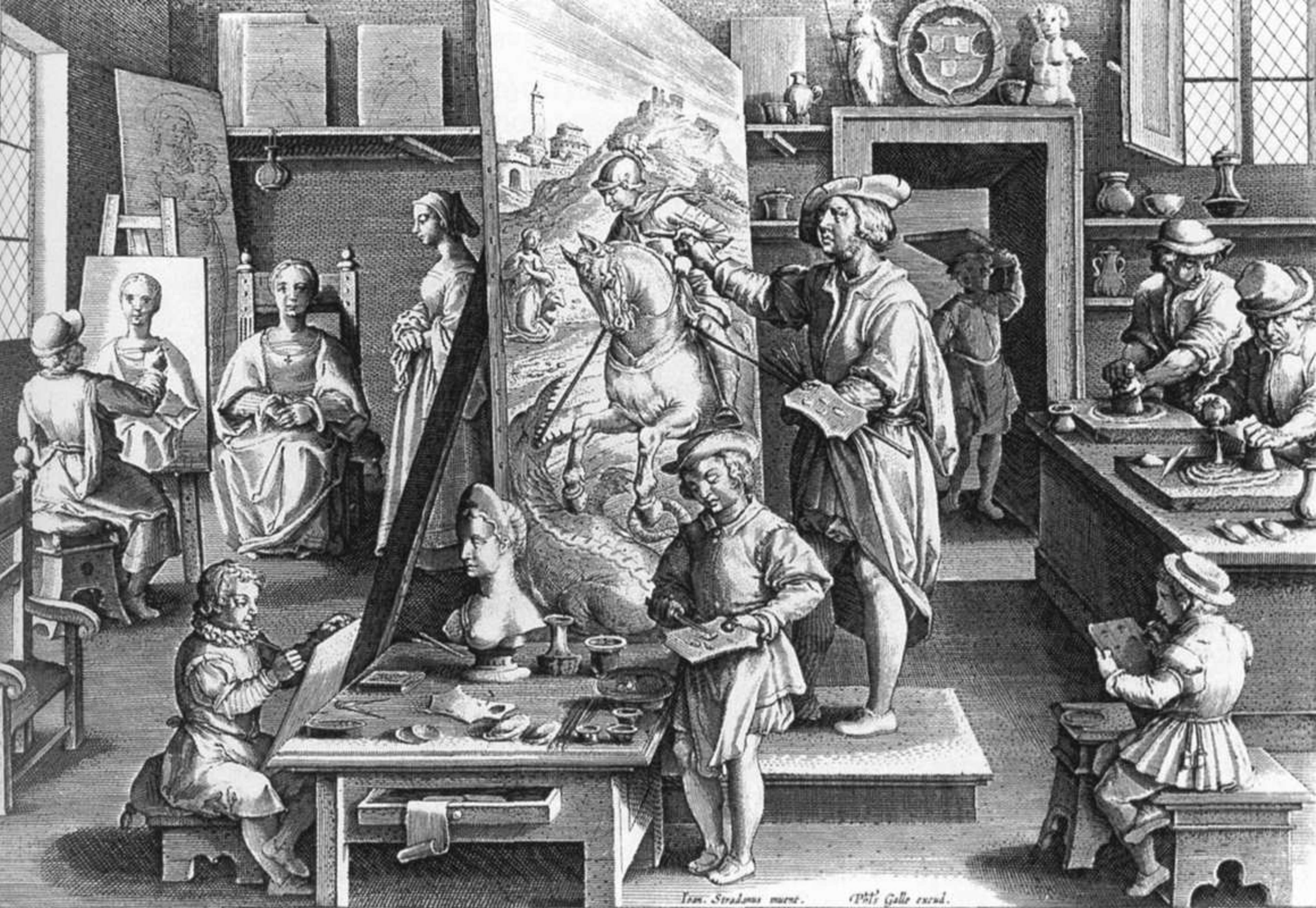 An image of a print showing A Painter’s Workshop, by artist Philips Galle. It shows several people engrossed in different aspects of the painting process, from stretching canvases to mixing pigments and painting itself.