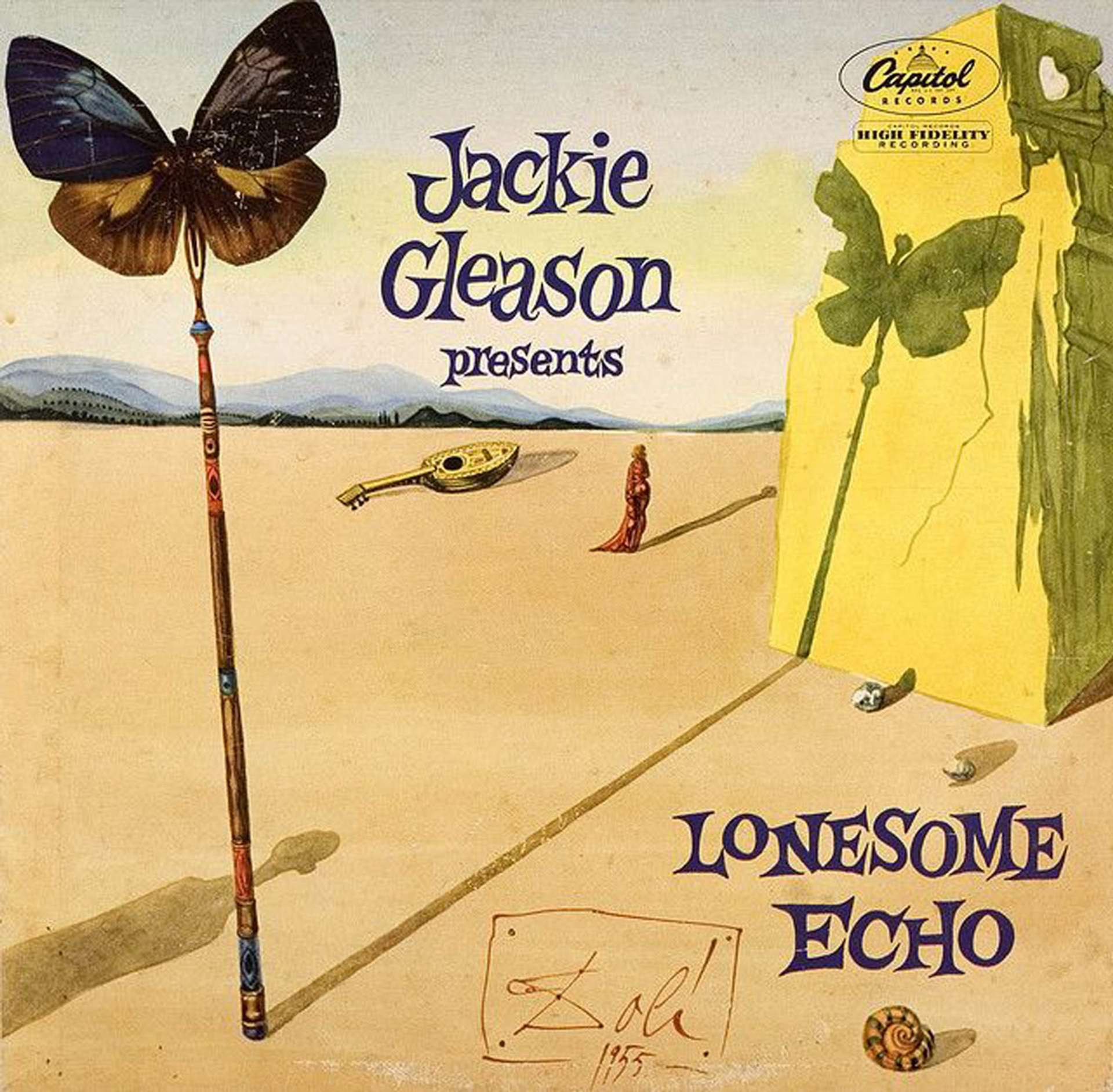An image of the cover of the album Lonesome Echo by Jackie Gleason. The art is an illustration by Salvador Dalí, depicting a desert with several figures including a woman, a snail, a stringed instrument and a large butterfly on a stick. The illustration is signed.
