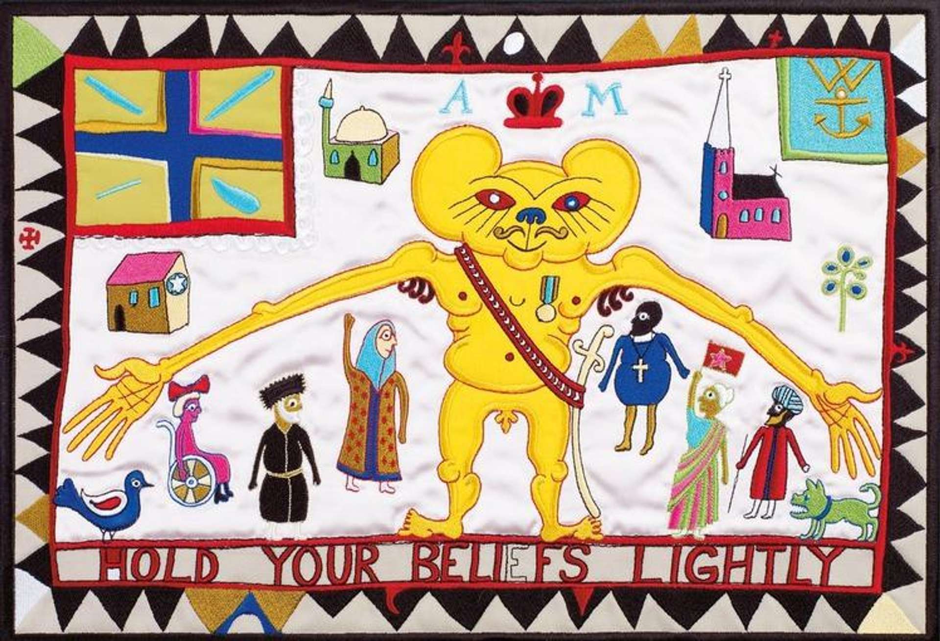 Embroidered tapestry with a diverse range of figures embraced in the the arms of a large yellow creature