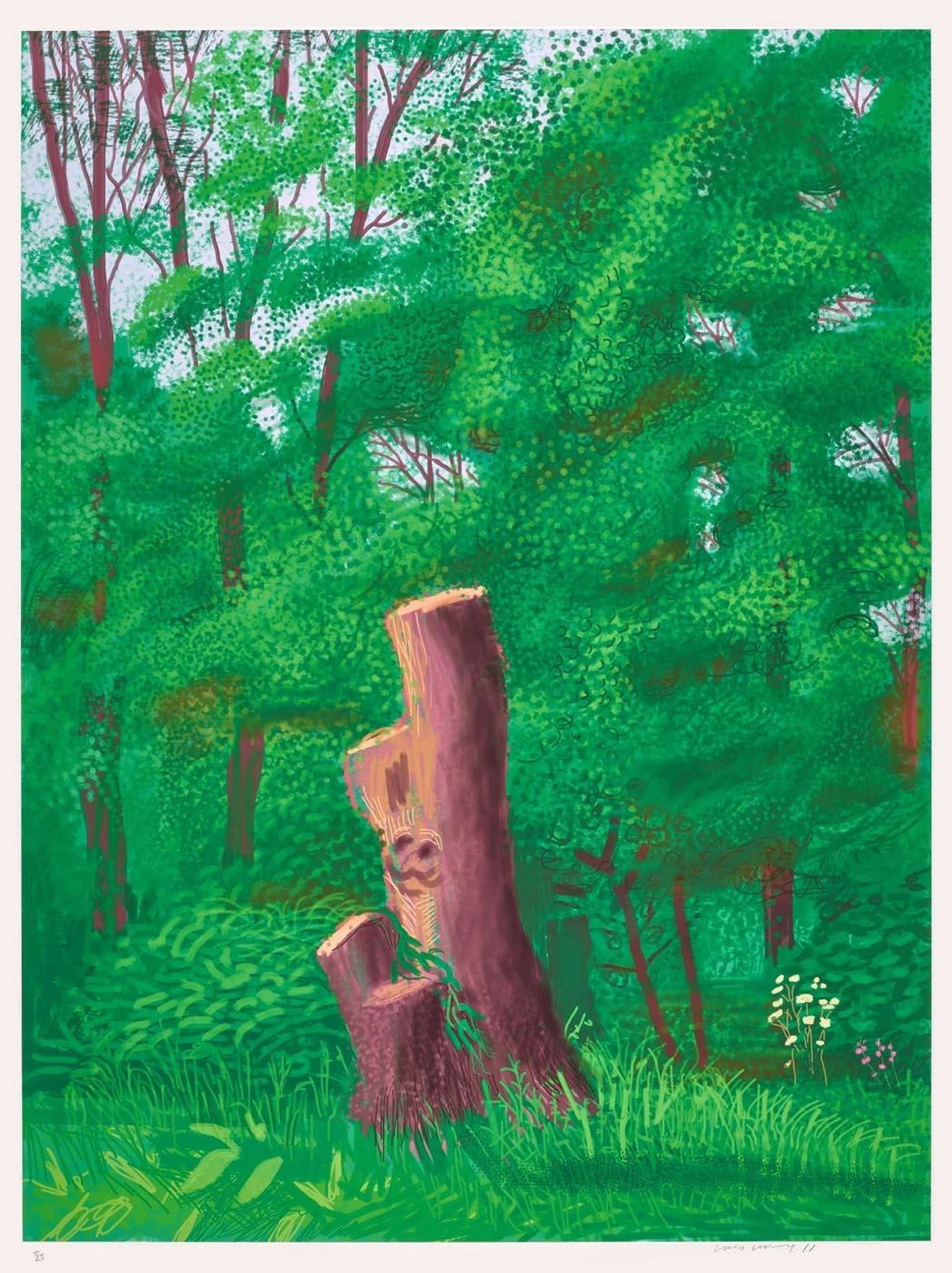 In this digital drawing by Hockney, a tree stump is in the foreground, amidst a green wooded scene.