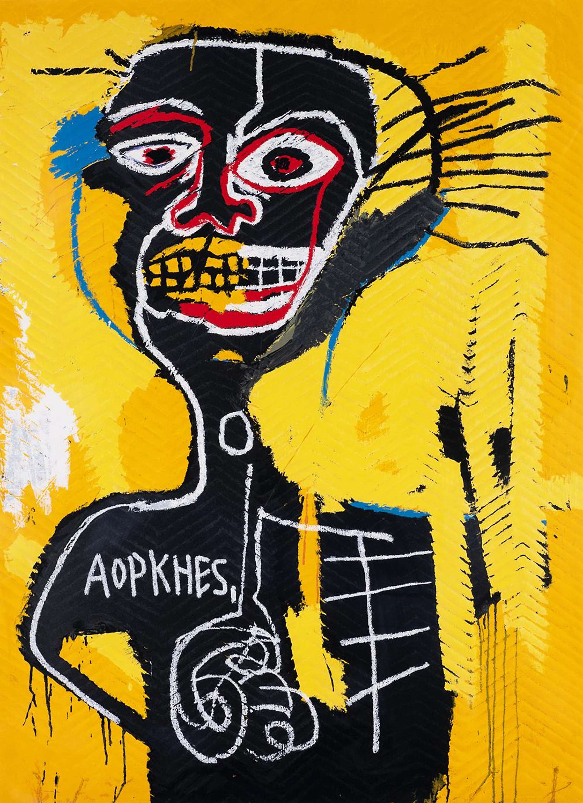 An image of the painting Cabeza by Jean-Michel Basquiat. It shows a black and colourful human figure against a yellow background.