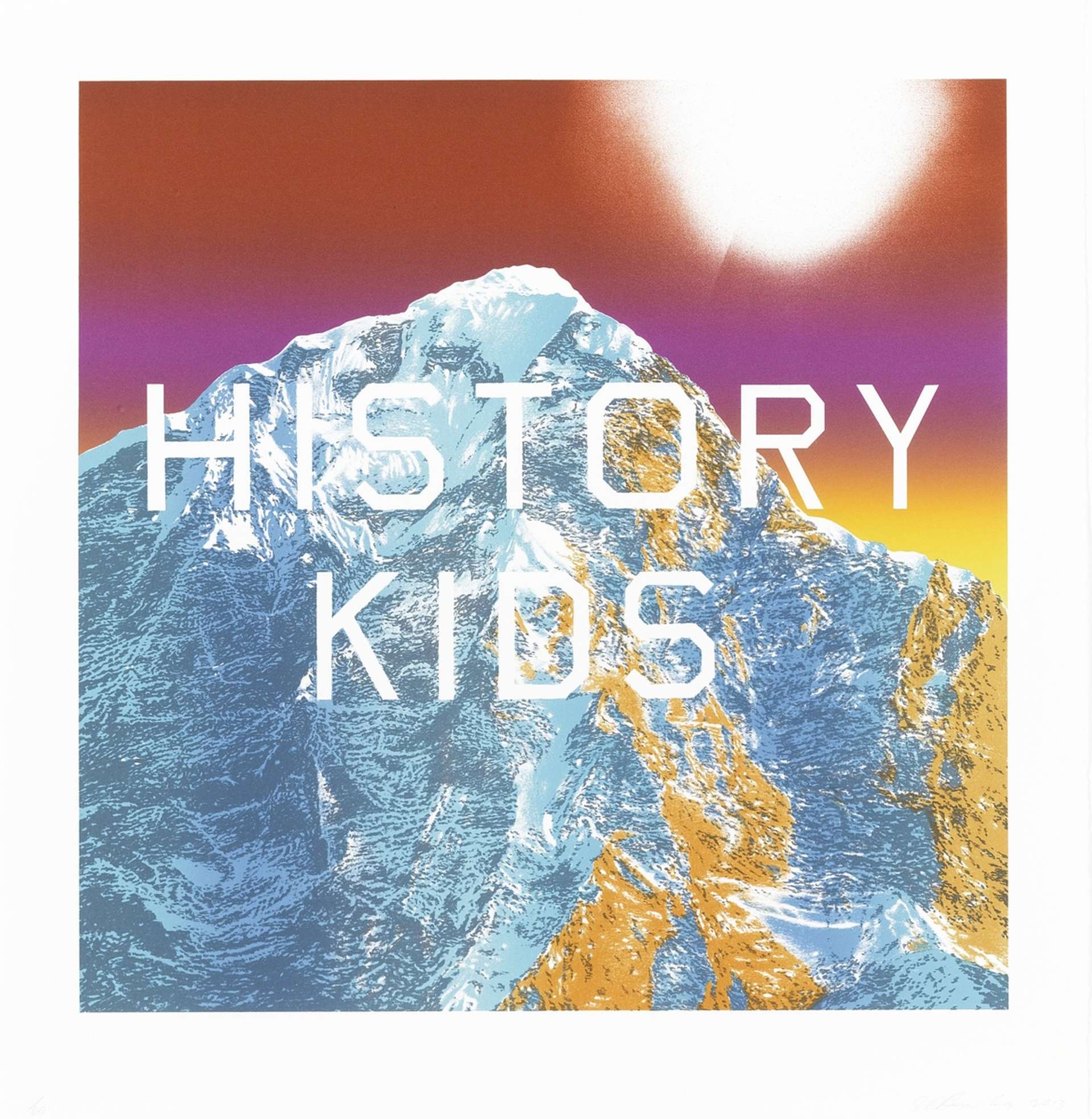 A print with an ice-capped mountain in the background overlaid with text that reads 'History Kids'