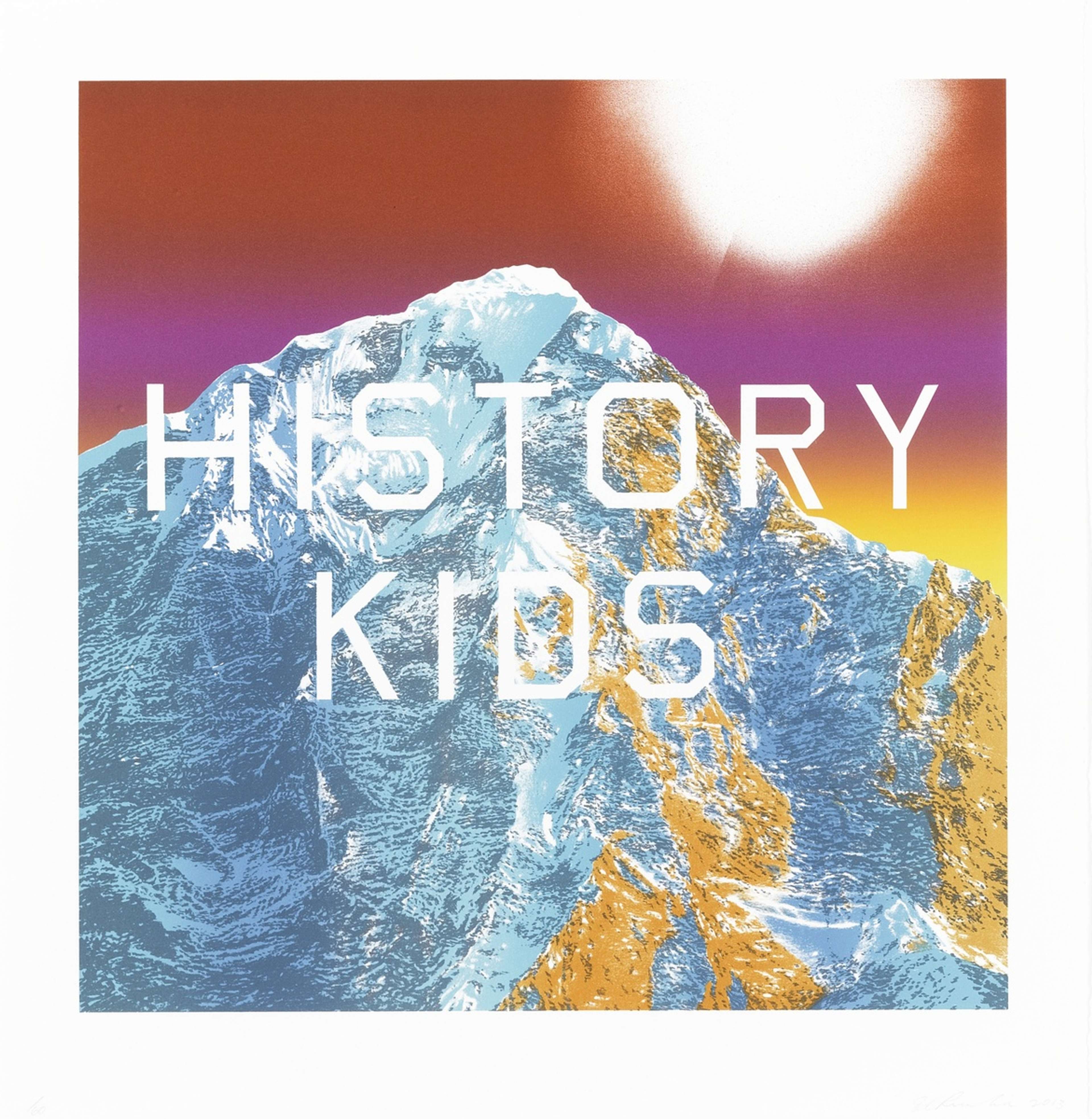 A print with an ice-capped mountain in the background overlaid with text that reads 'History Kids'