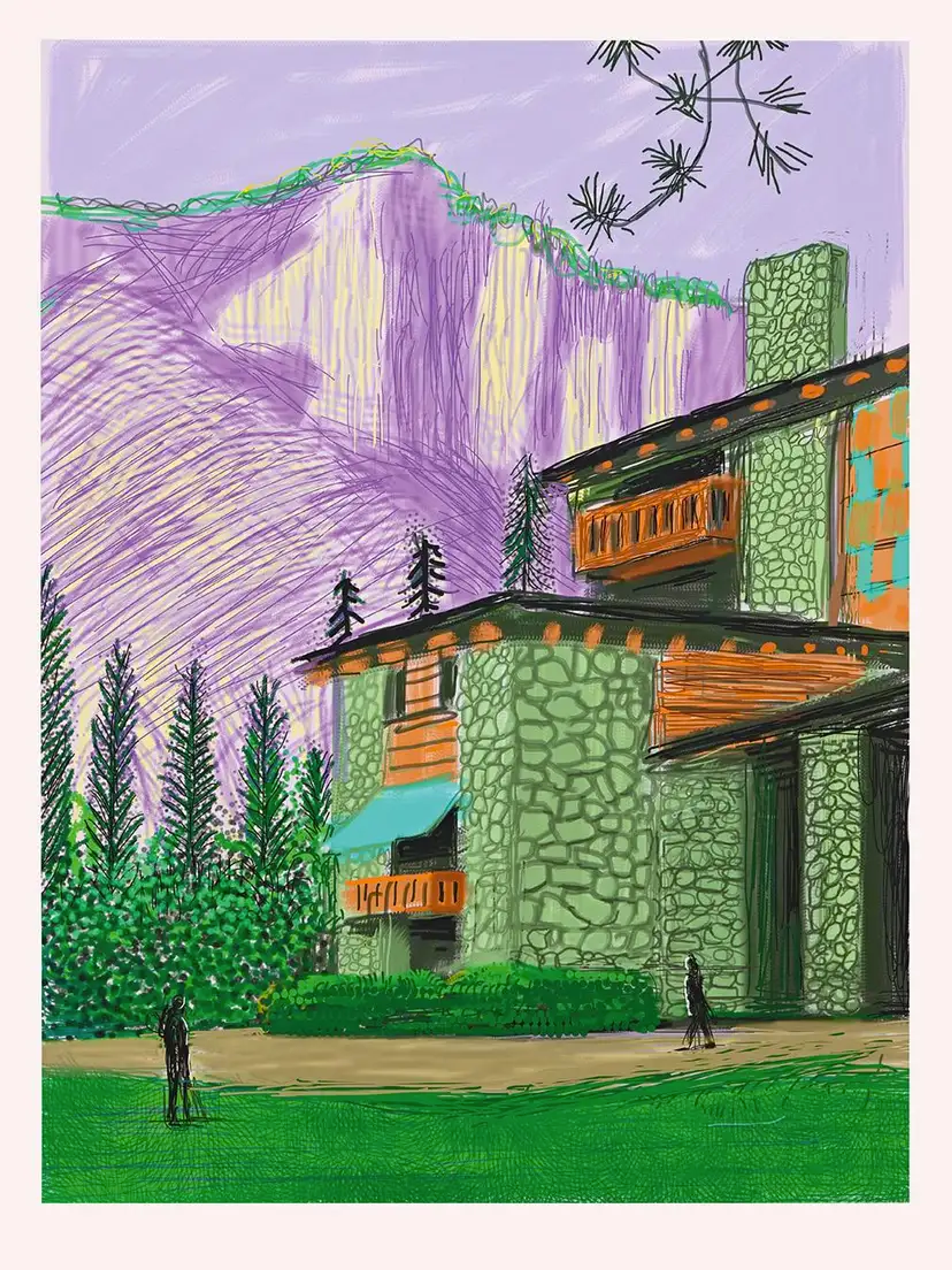 A view of the Ahwahnee Hotel in Yosemite by David Hockney. It shows its stone and wood facade in green, with a large purple mountain in the distance.