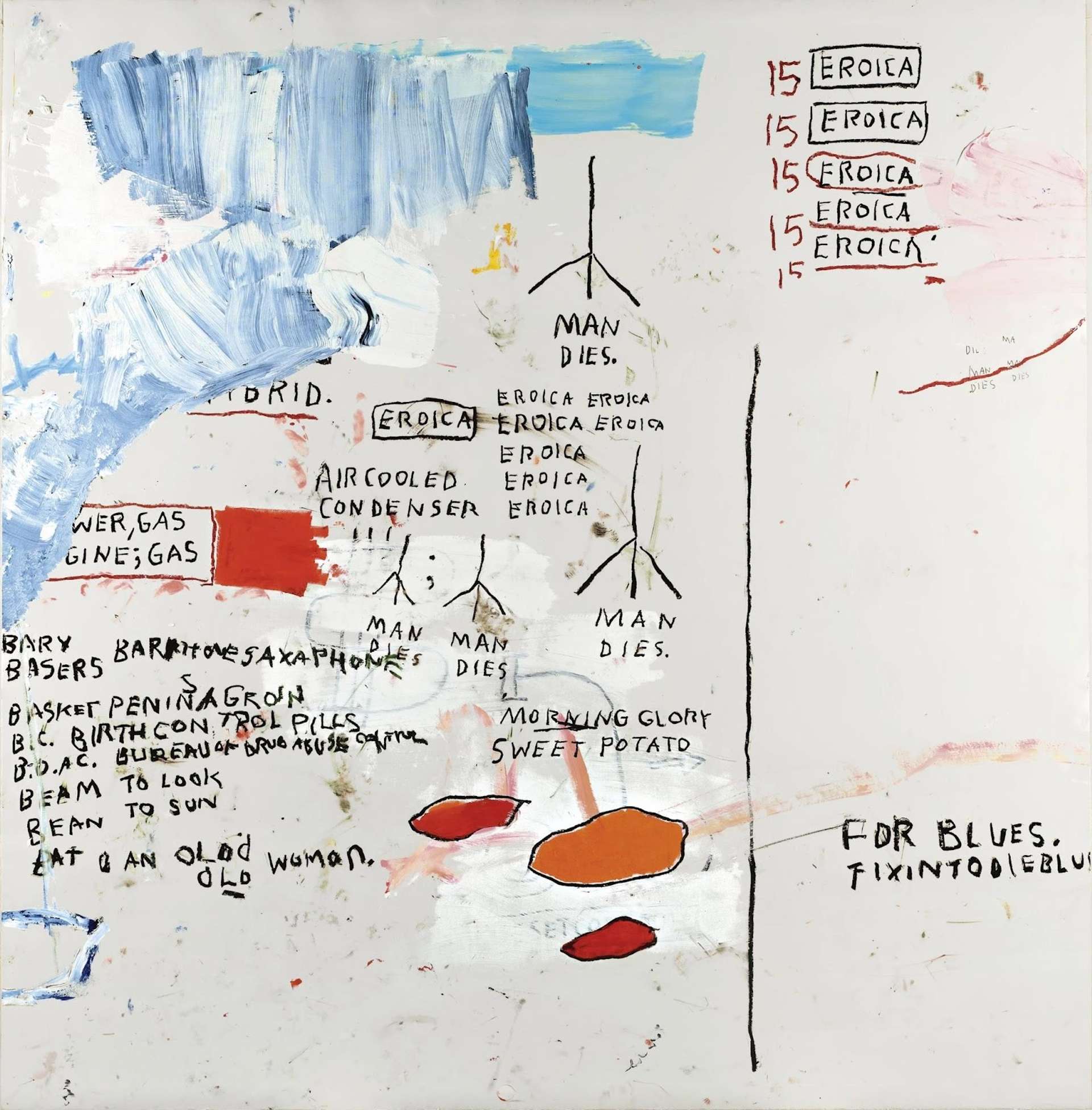 An image of the artwork Eroica I by Basquiat. It shows the artist’s signature texts, with a repeating “Eroica” being particularly prominent. Some sweet potatoes are also depicted, with the text “Morning Glory Sweet Potato” above them.