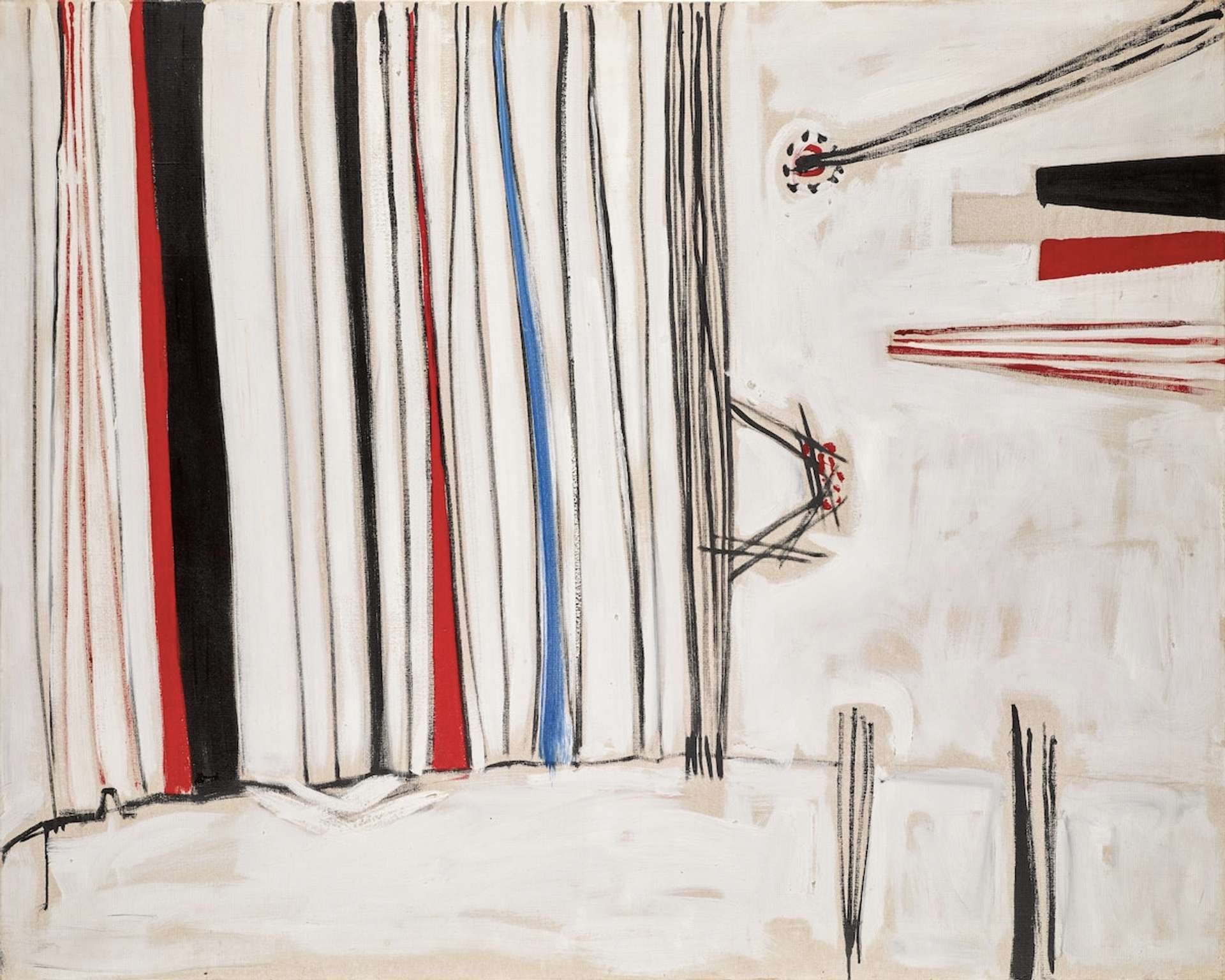  An abstract painting with thin vertical lines starting from the left edge of the canvas. Black, red, and blue filled-in spaces create accentuated areas that extend towards the centre of the canvas. The remaining L-shaped section of the canvas features washed white paint and various horizontal lines.