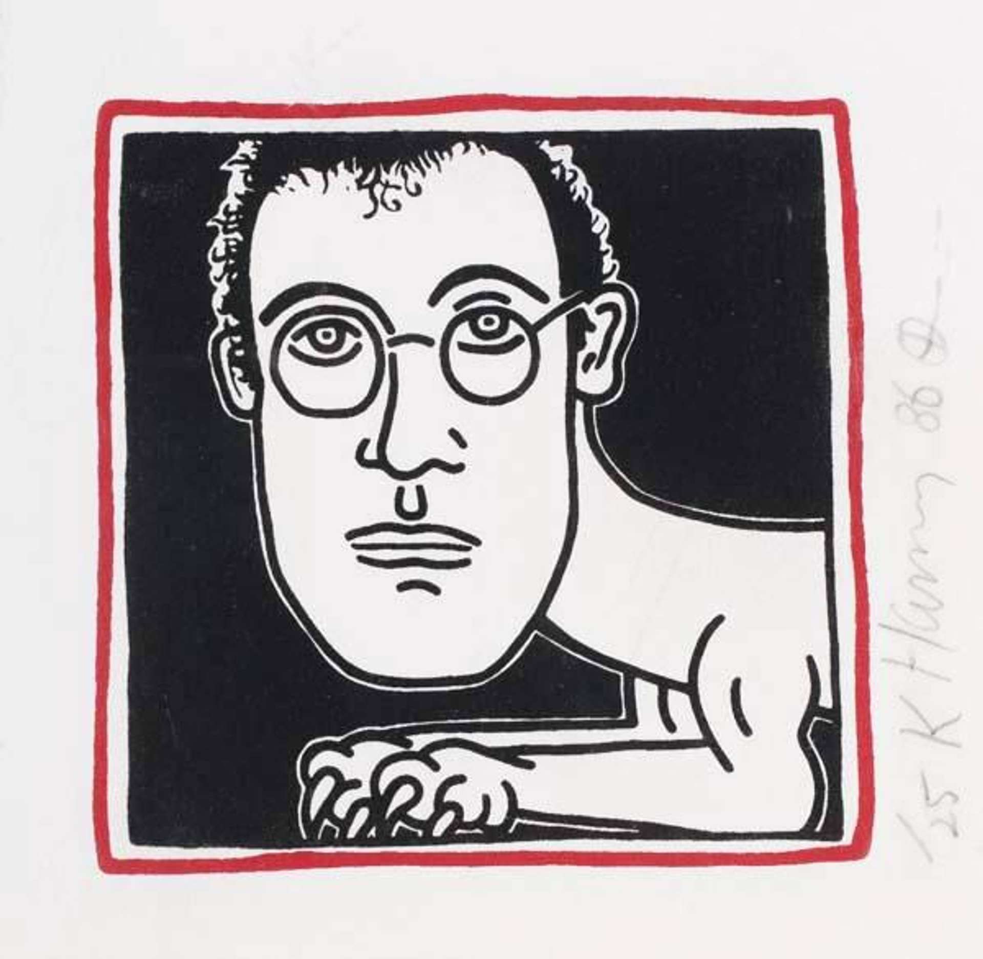 A screenprint by Keith Haring depicting the artist's self portrait in the form of a sphinx, set against a plain black backdrop, framed with a bright red, crayon-like line as the only use of colour in the image.