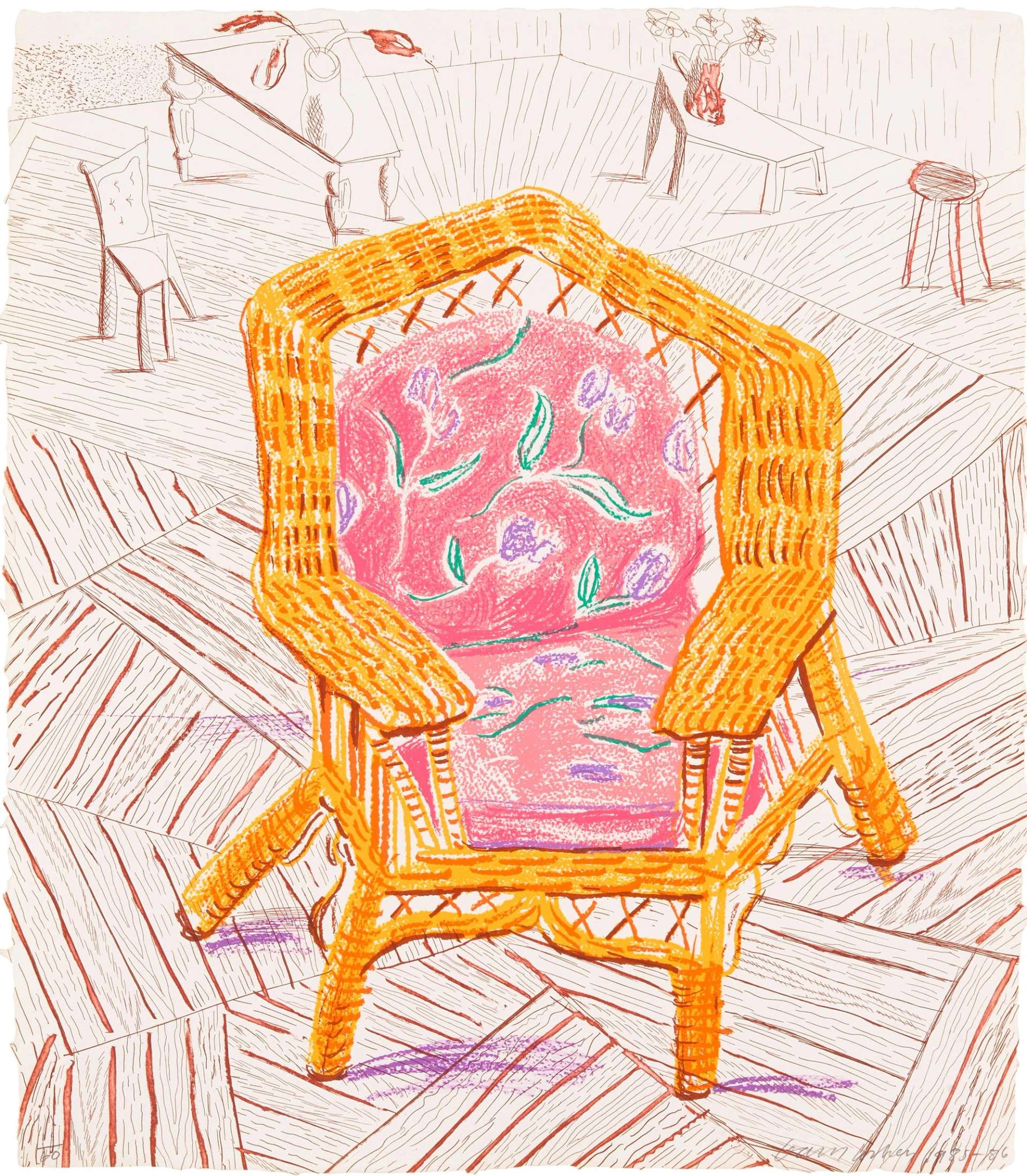 David Hockney’s Number One Chair. A lithographic print of a wicker chair with pink, floral cushions within an interior setting of hardwood floors, surrounded by accent furniture. 