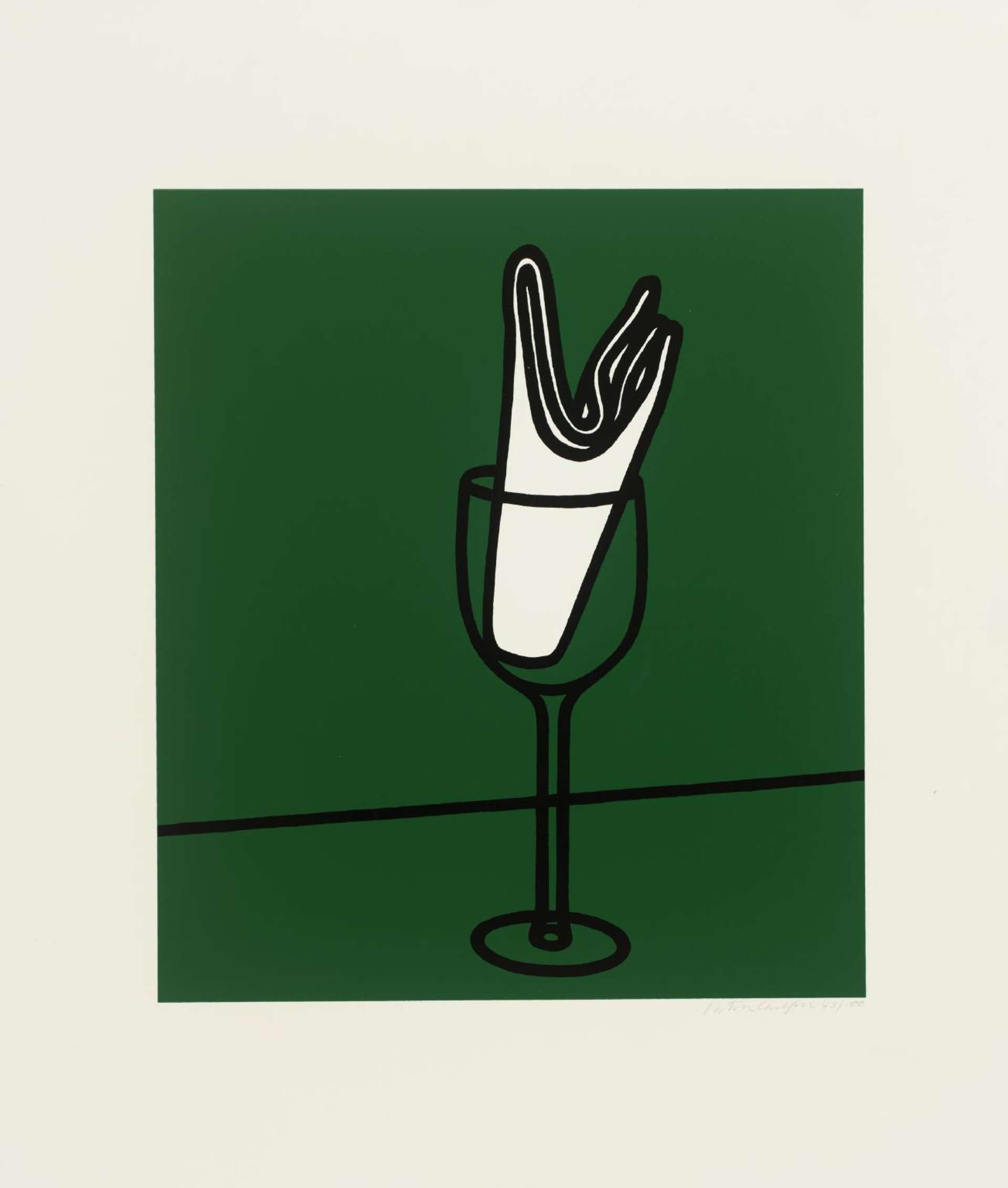  An printed image by the artist Patrick Caulfield, which shows the outline of a wine glass with a white handkerchief inside, against a green background.