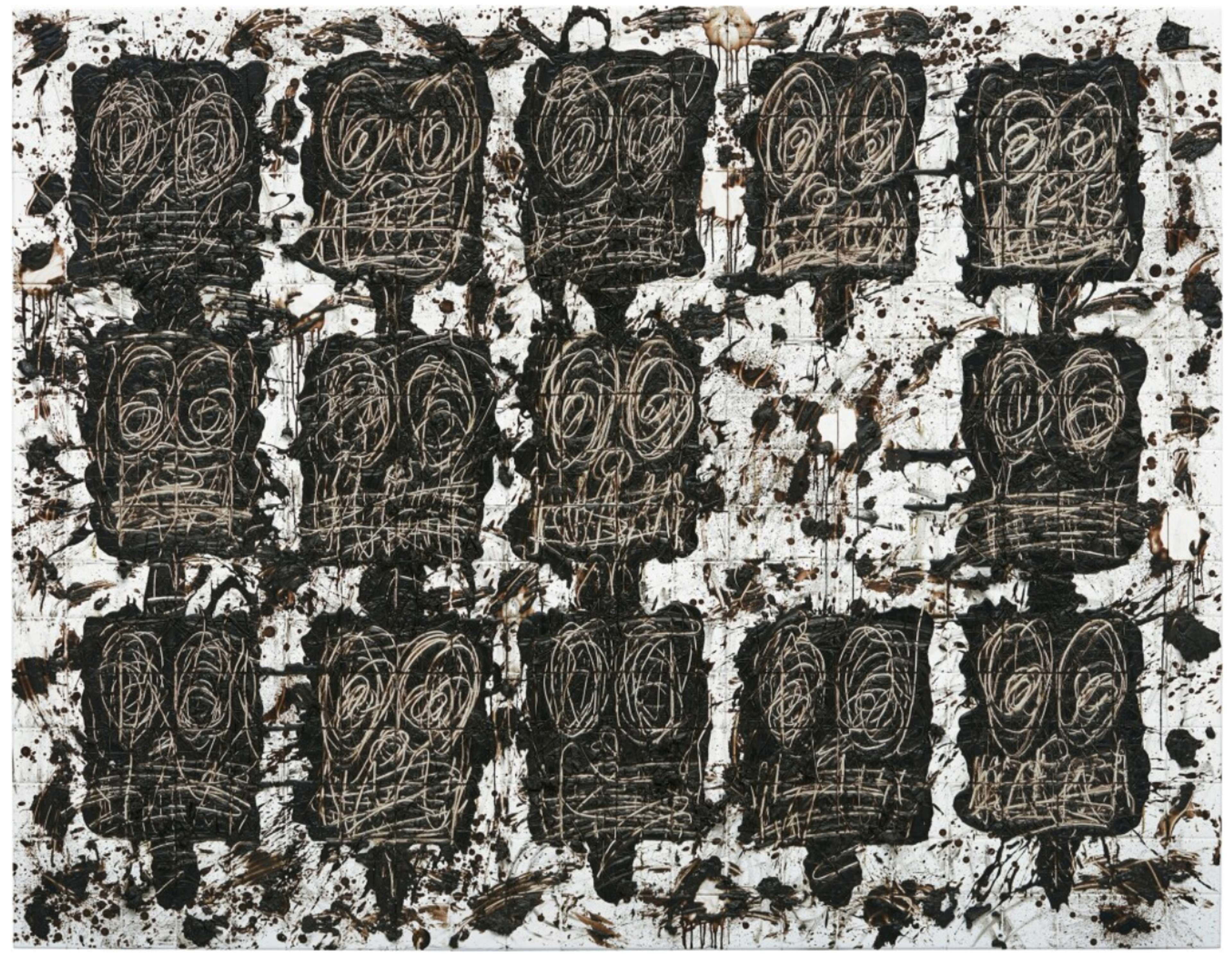 A Rashid Johnson canvas displaying five totemic rows of box faces with scribbled and scrawled eyes and mouths, leaving a void where one face would have been.