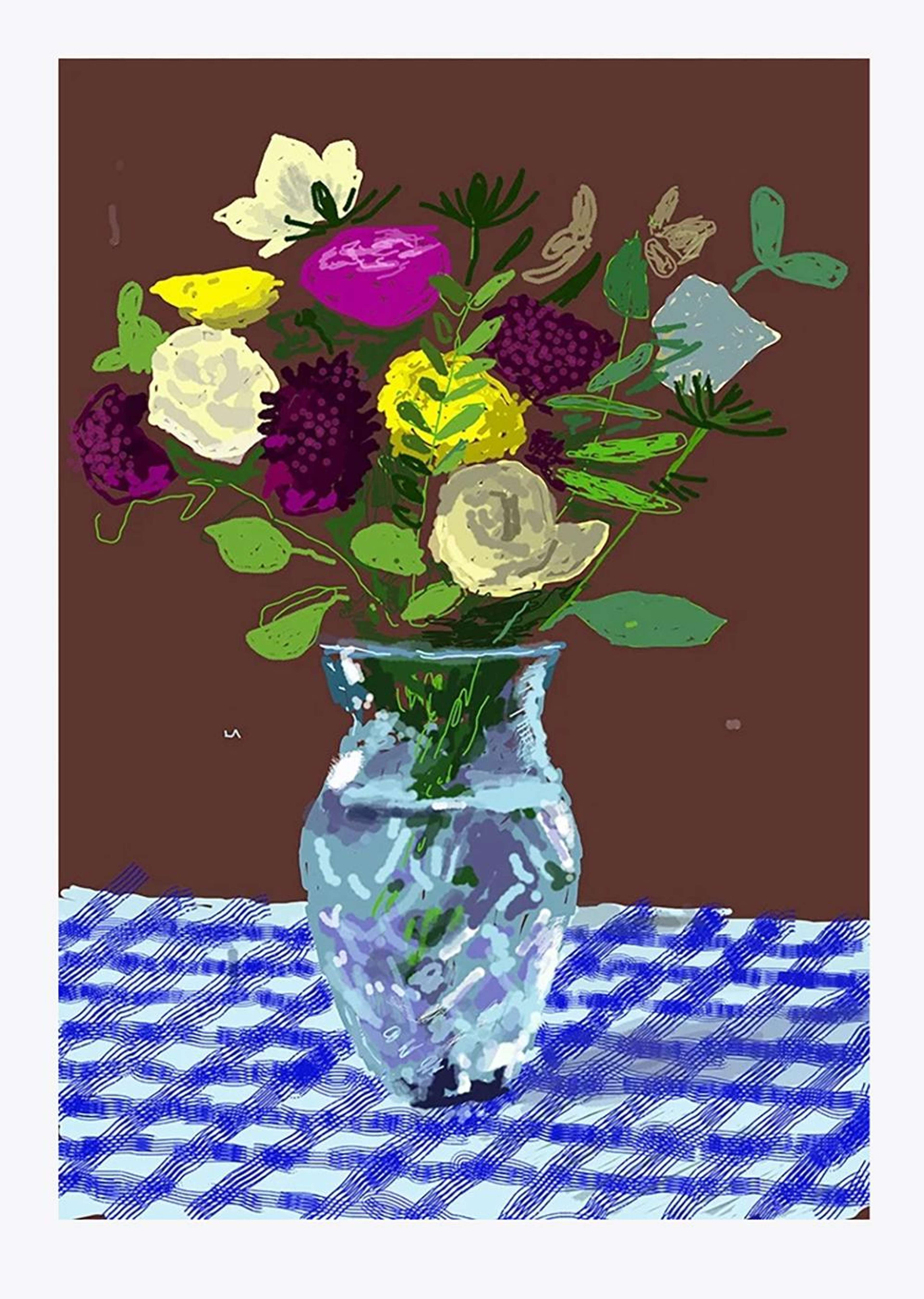 20th March 2021, Flowers, Glass Vase On A Table - Signed Print by David Hockney 2021 - MyArtBroker
