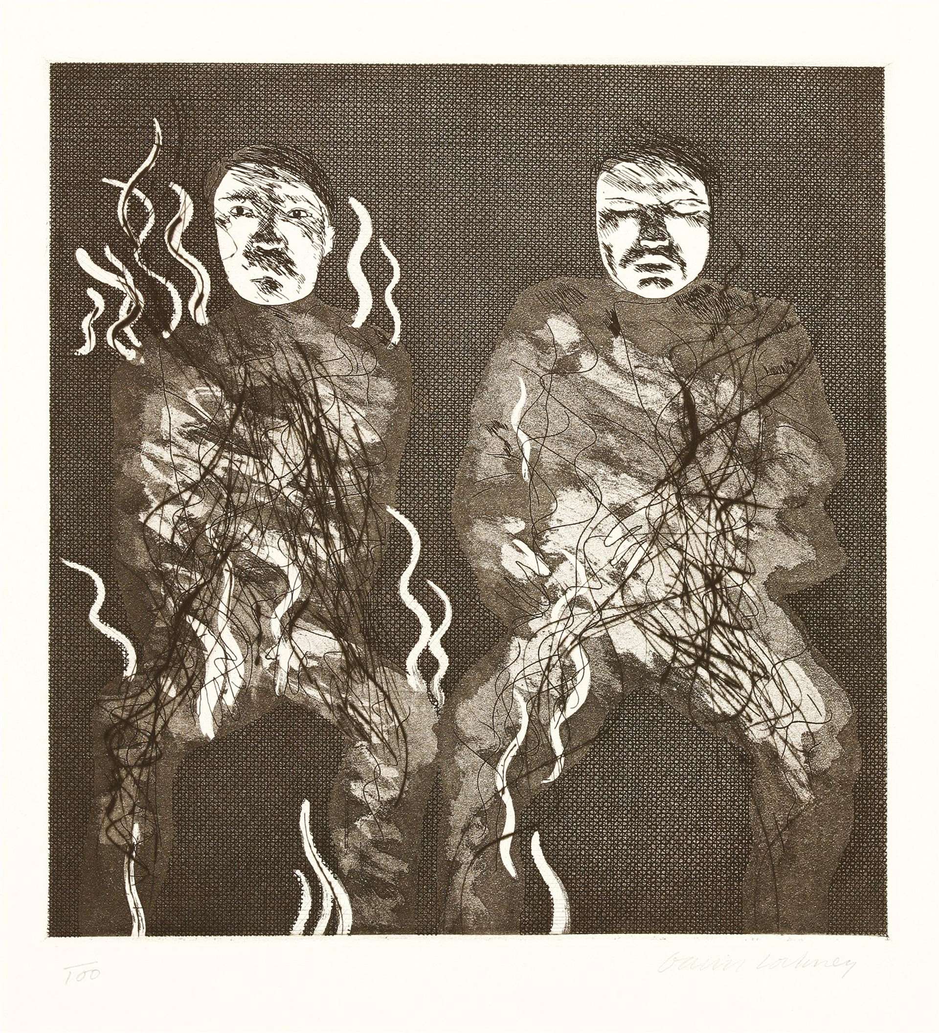 Two male figures sit in the darkness, surrounded by the stream of bright, undulating lines. Spread playfully across the print and rendered in the form of wavy lines, the fire flames illuminate the grave expression on the two men’s faces. 