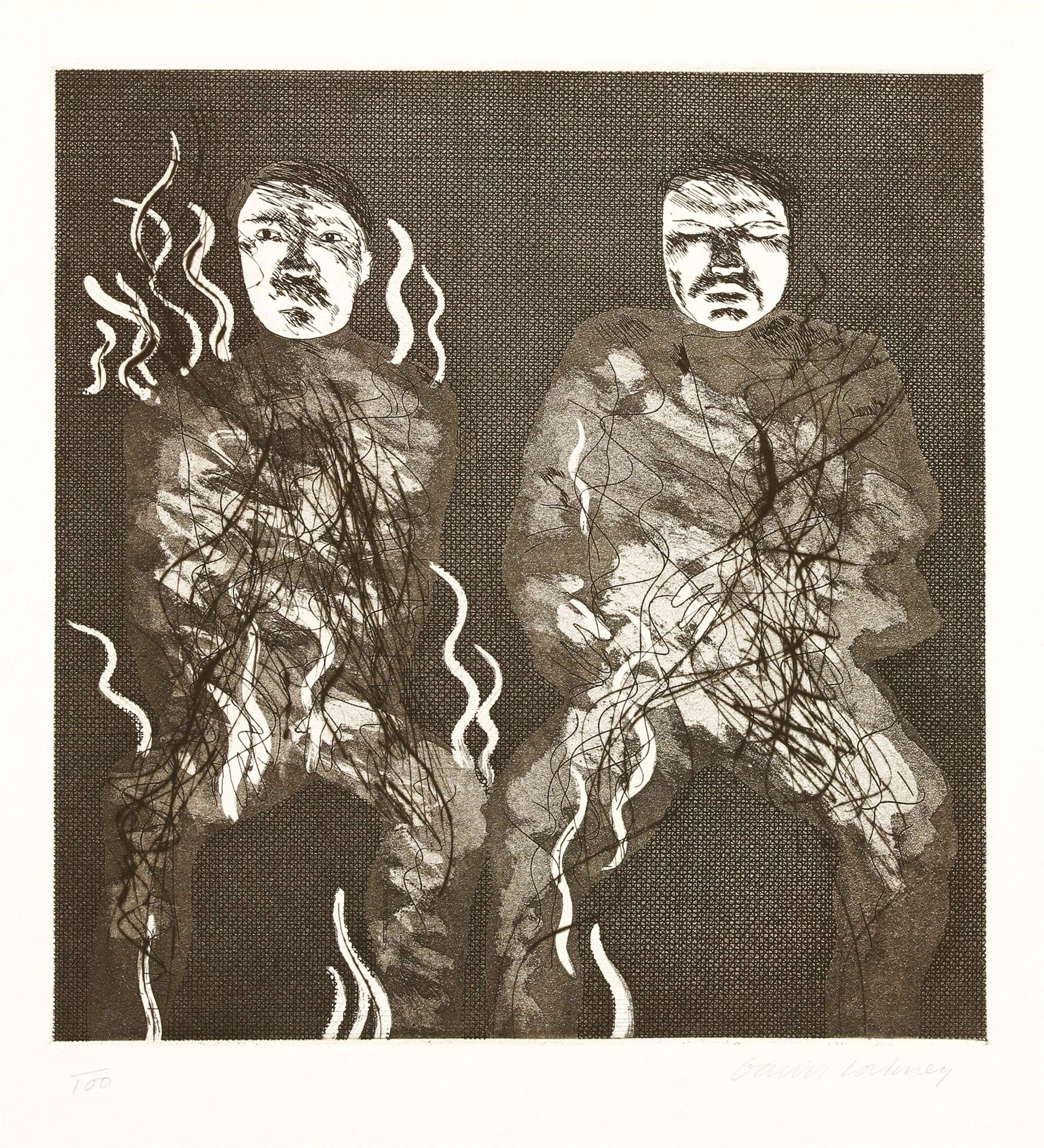 David Hockney’s Corpses On Fire. An etching of two men sitting next to each other, engulfed in flames.