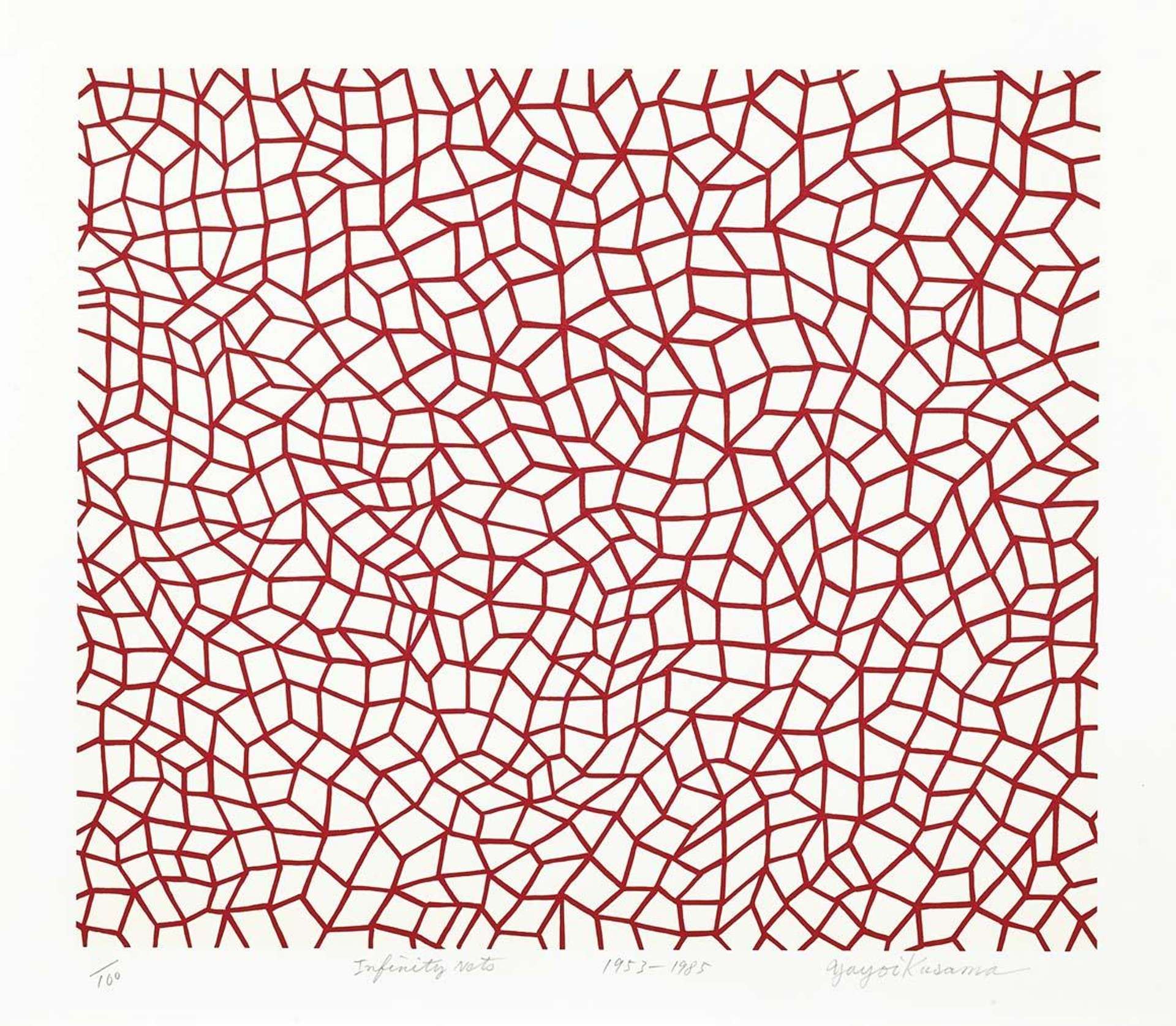 Yayomi Kusama's Infinity Nets, Kusama 76. A screenprint of red, geometric patterns over a white background. 