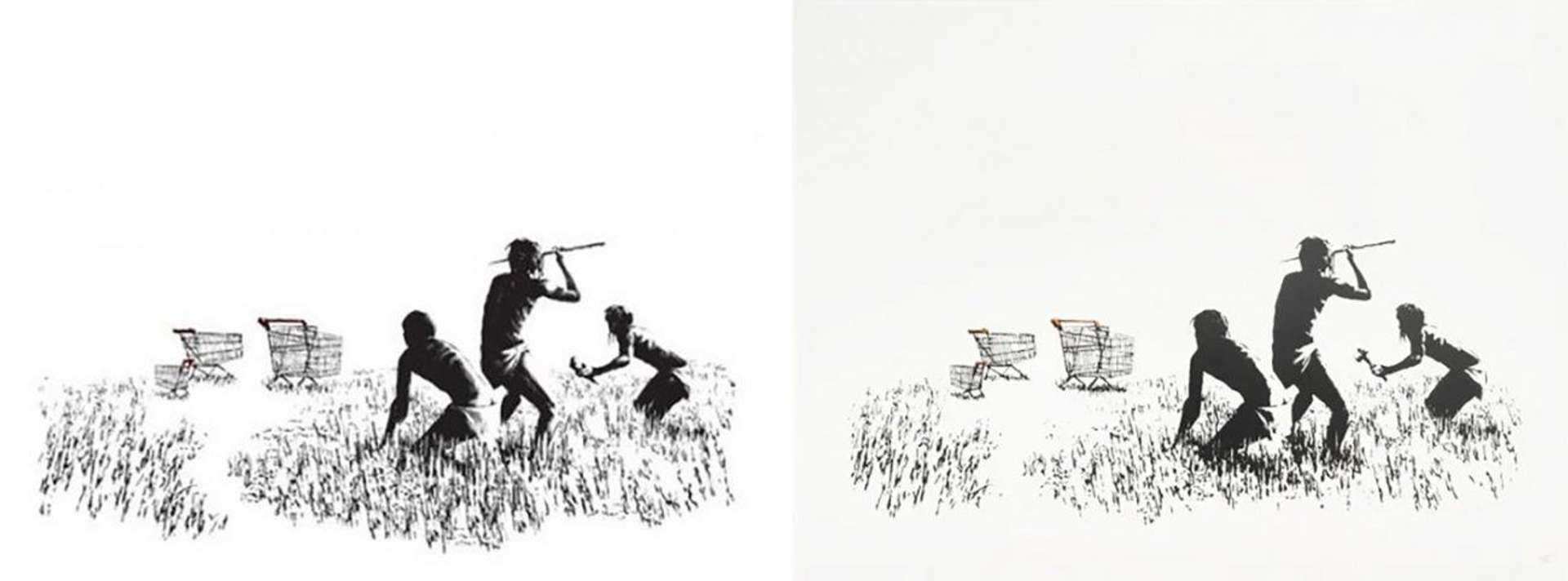 Left: Trolley Hunters (LA Edition) by Banksy; Right: Trolley Hunters by Banksy