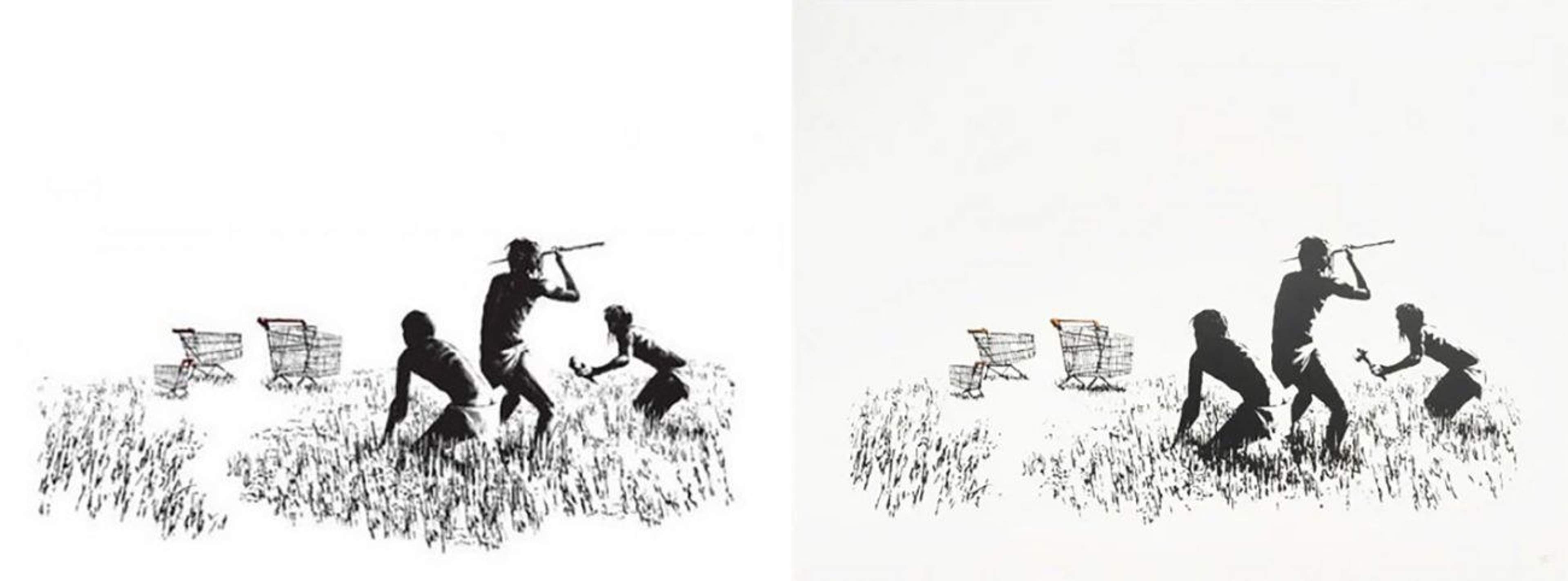 Left: Trolley Hunters (LA Edition) by Banksy ; Right: Trolley Hunters by Banksy - MyArtBroker