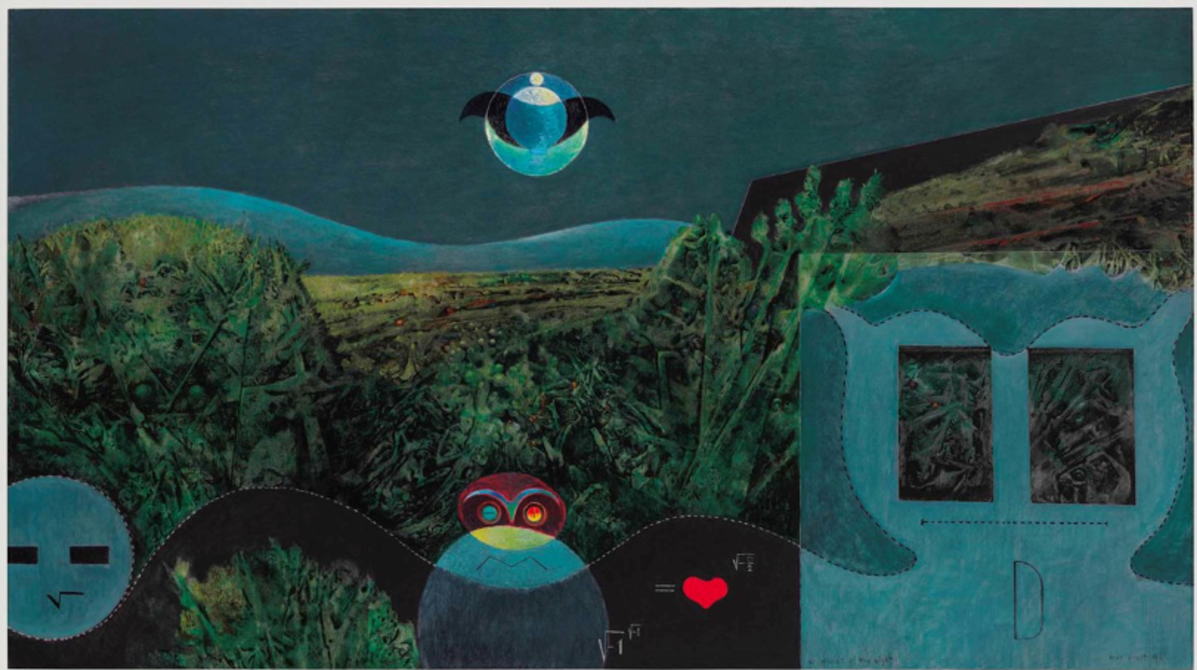 A surreal nighttime landscape, featuring an open plane, simplified owl-like creatures, and a plain square house in the foreground. The entire piece is overlaid with waved lines and large geometric shapes that alter the shades of colour. The moon, with a bird-like shape laid over it, sits in the middle of the sky. A few algebraic characters are drawn towards the bottom.