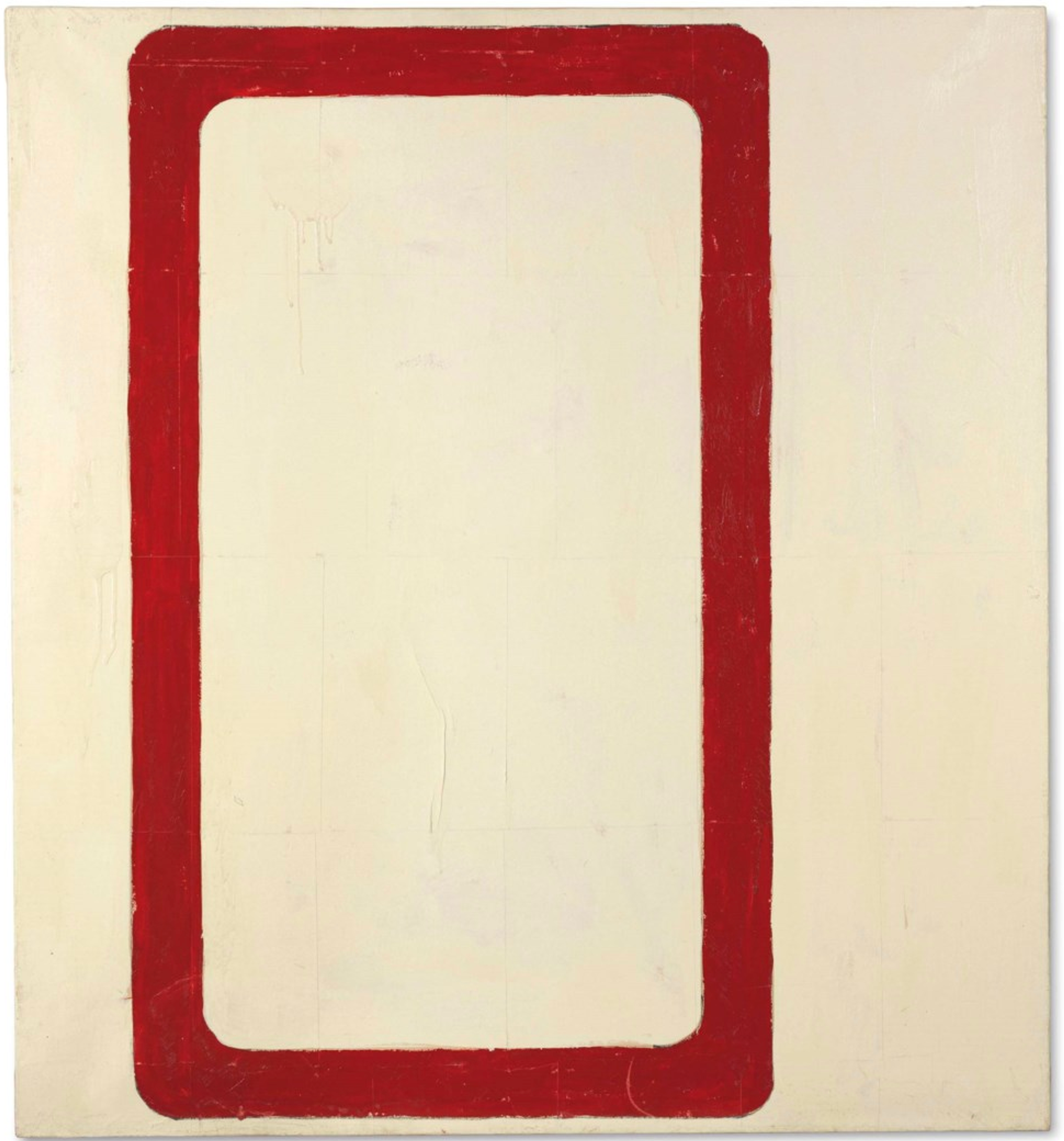 A cream-coloured canvas featuring a single, thick red rectangular outline with rounded corners near the centre, but favouring the left side.