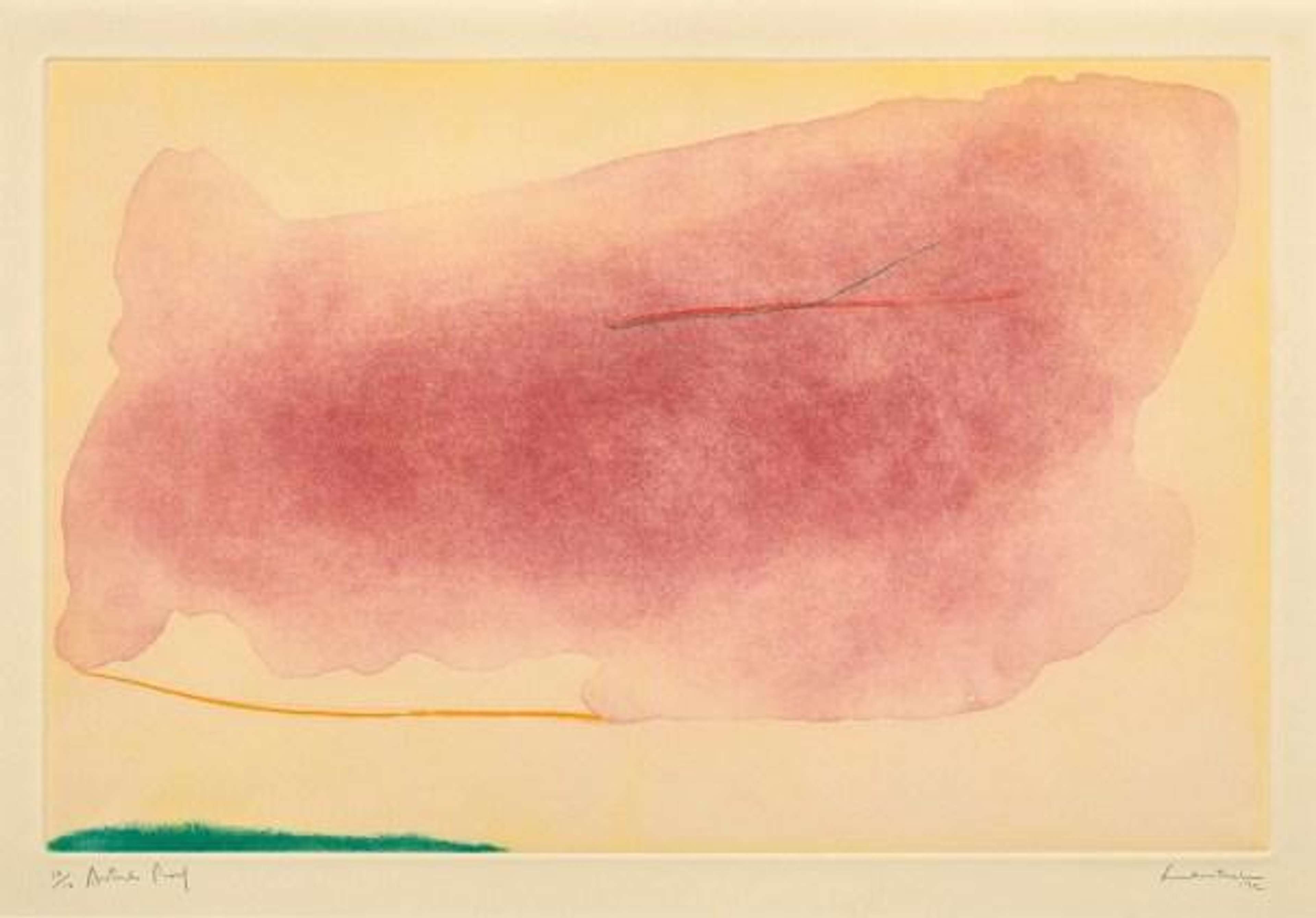 Helen Frankenthaler’s Nepenthe. An abstract expressionist intaglio print of a landscape with a pink sky.