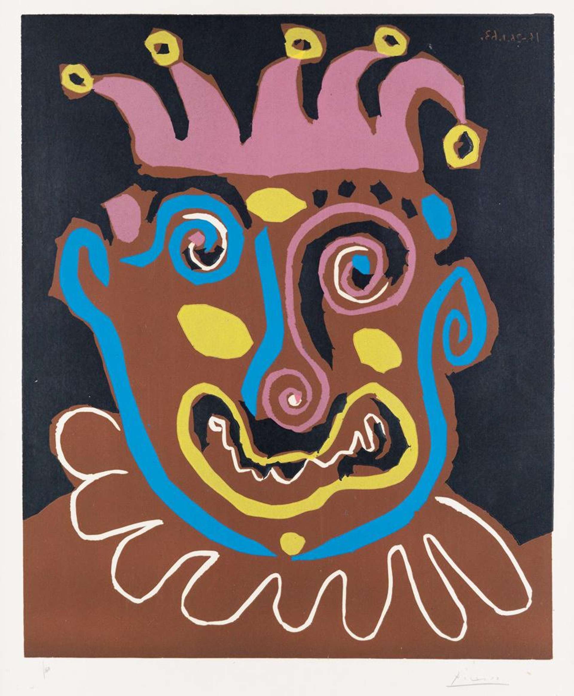 An image of the print Le Vieux Roi by Pablo Picasso. It shows the head of a man, dressed in what could be variously interpreted as either a king's or a jester's clothes. The work is done in bright and bold colours.