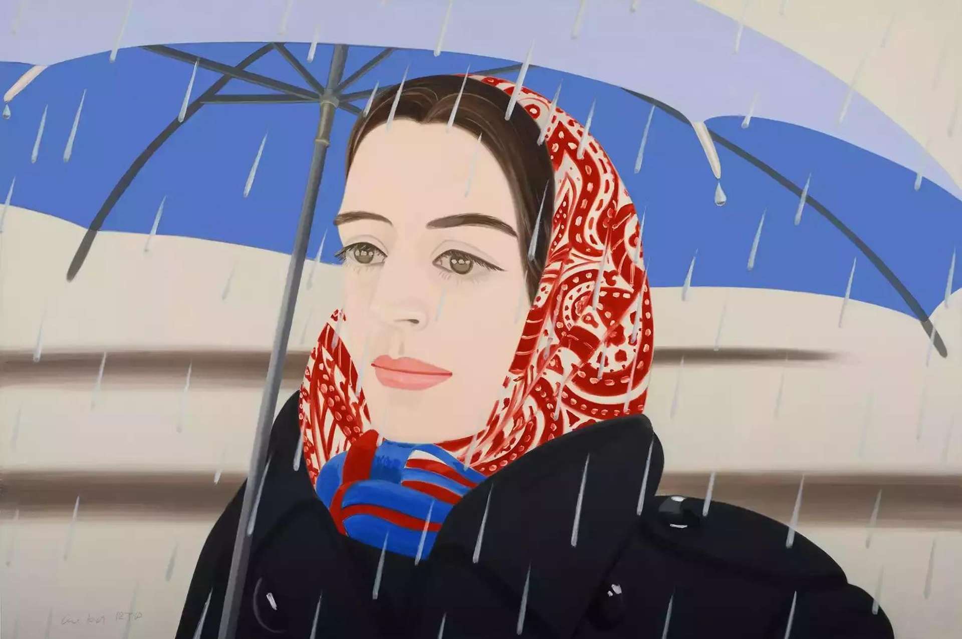 A digital print by Alex Katz depicting a woman wearing a red patterned scarf around her head with a blue umbrella, with striations of rain falling across the picture plane.