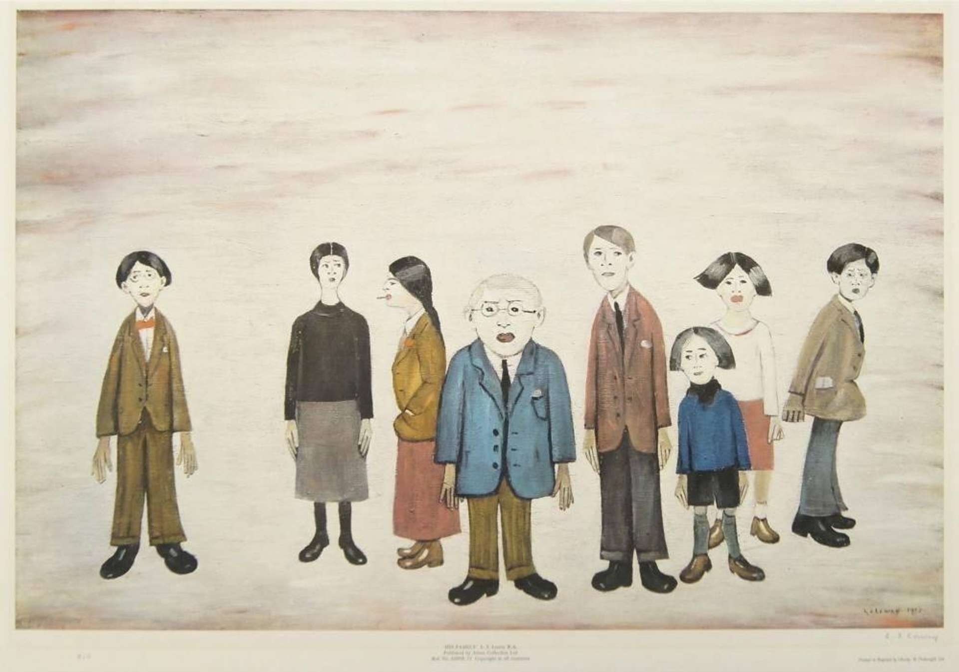 In this print by L.S. Lowry, a group of people are shown very smartly dressed against a white background. Most of them are looking directly at the viewer, and Lowry himself stands at the centre of the composition.