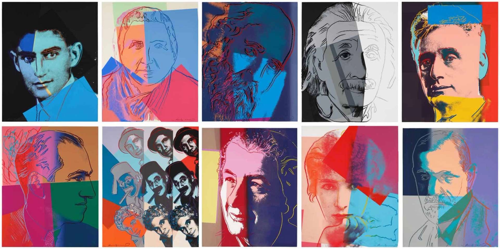 A series of ten screen prints titled "Ten Portraits of Jews of the Twentieth Century" by Andy Warhol, featuring brightly coloured portraits of prominent Jewish figures, including Albert Einstein, Franz Kafka, and Golda Meir, among others.