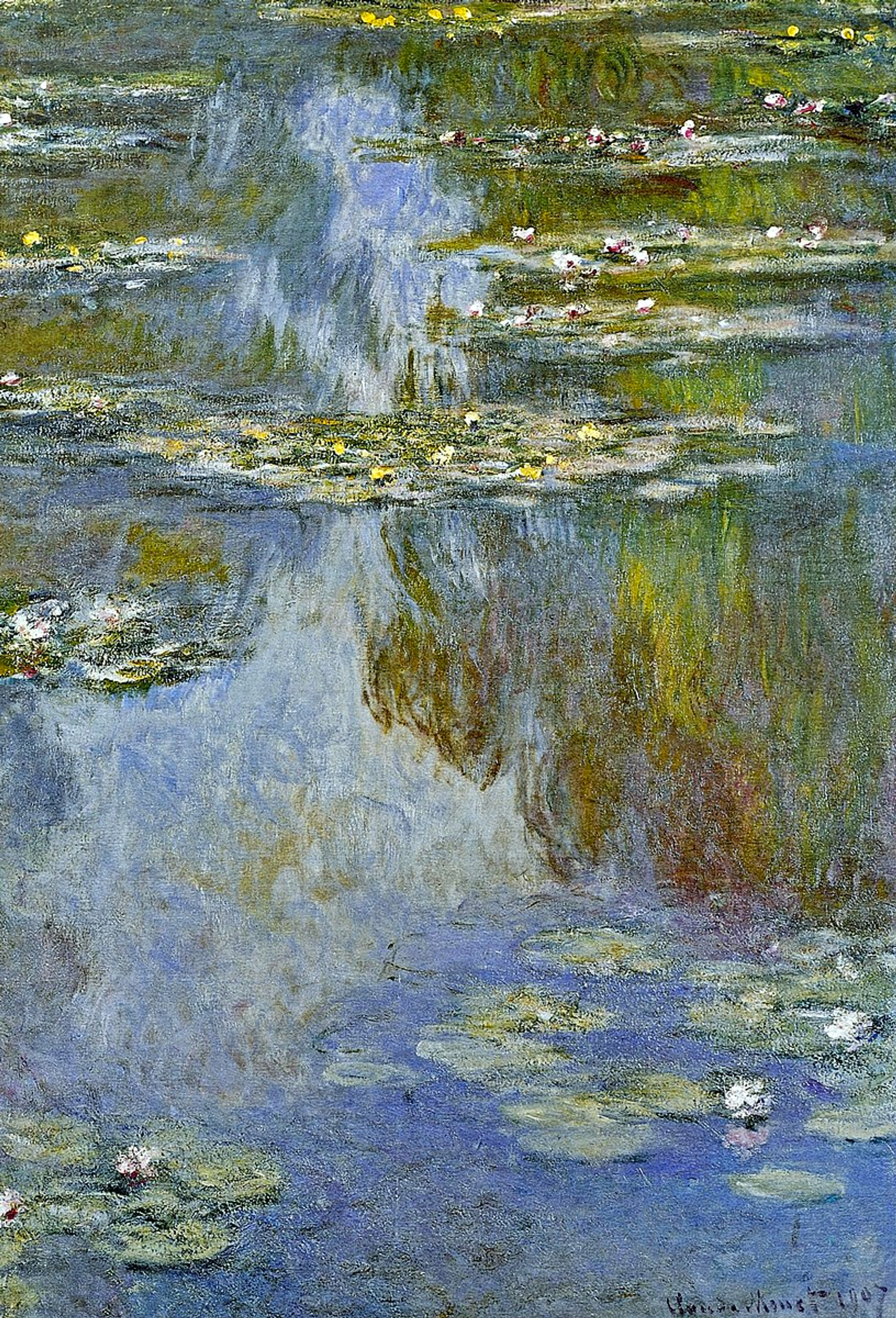 An image of one of Monet's famous Water Lilies, showing the sky reflected on a pond filled with water lilies.