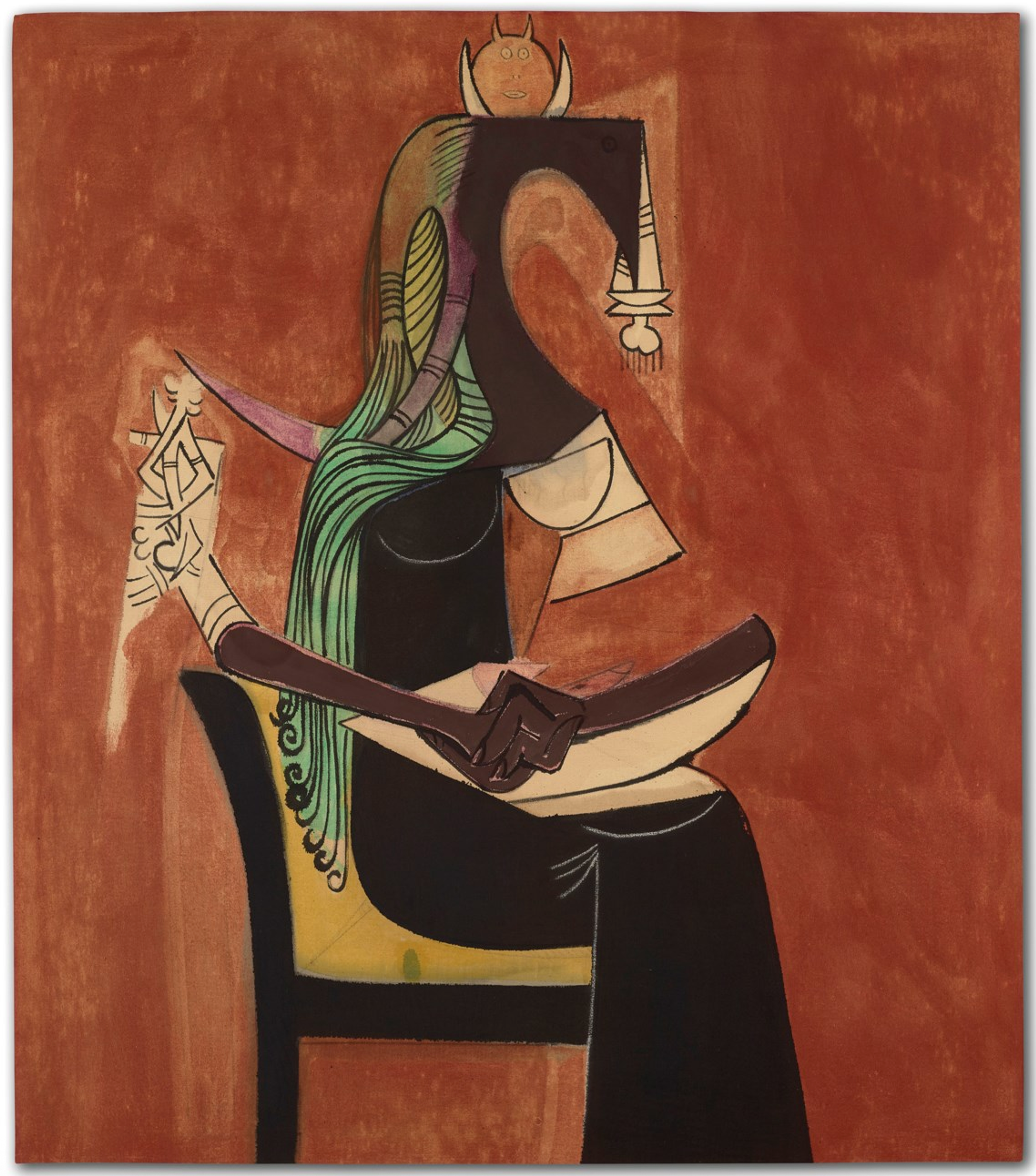 A painting depicting a stylised dark figure seated on a chair, apparently with legs crossed under a black skirt, against a vibrant, textured red background. The central form, despite being largely formed of precise curves, has horse-like characteristics, geometric elements, and humanoid arms and hands. A green flowing mane of hair descends down the figure’s back, and a small round face with horns sits on top of the figure’s blank head.