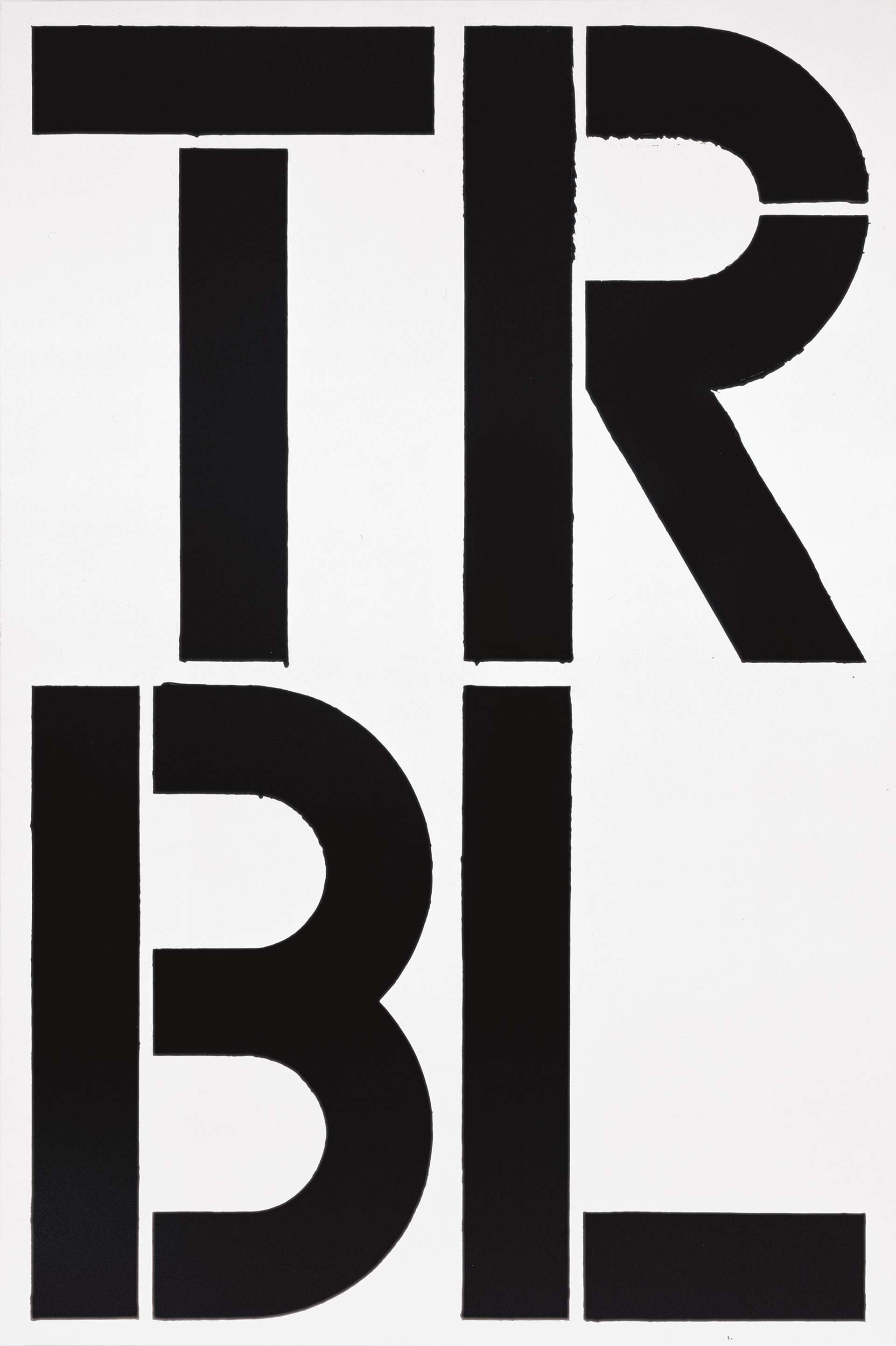 A white canvas with large black stencilled letters ”TR’’ AND ”BL’’ stacked on top of each other. 