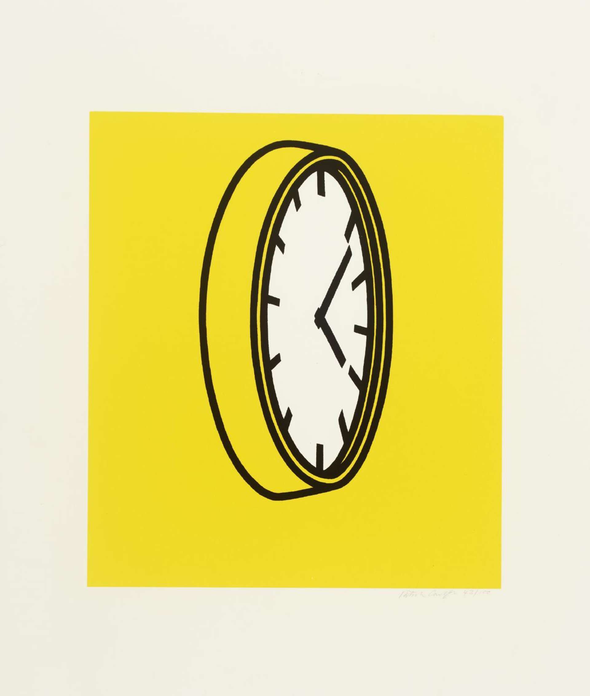 An image of the print ‘Crying to the walls: My God! My God! Will she relent?’ by Patrick Caulfield: a monochrome wall clock seen from the side, against a bright yellow background.