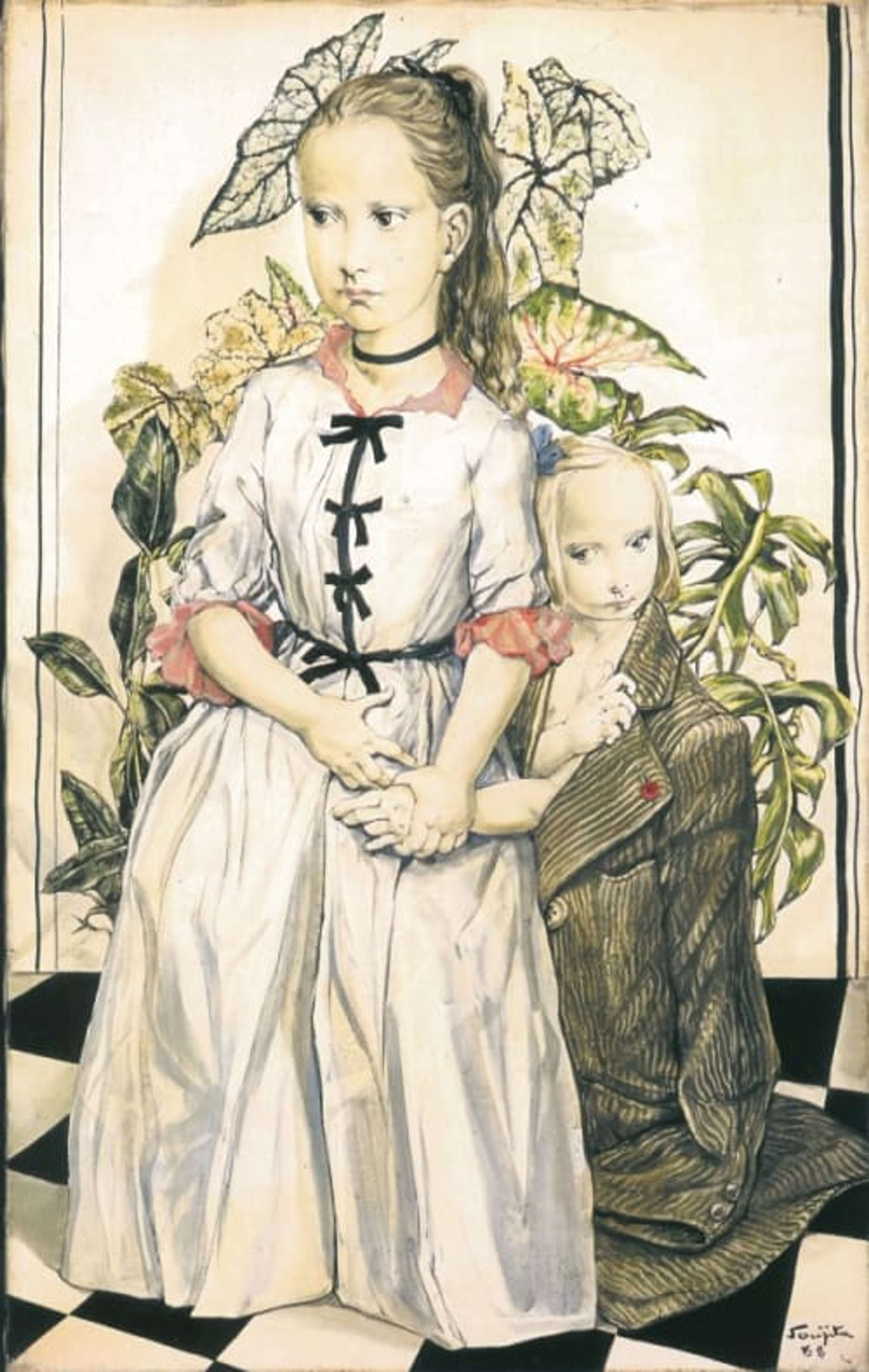 A portrait of two young girls, the smaller of whom appears to shyly hide behind the taller, draped in an adult’s brown coat. The older of the two girls wears a white dress with black bows down the front of the torso. She is the more poised of the two, with straight back, gazing off to one side. They are framed by the leaves of the plant behind them. 
