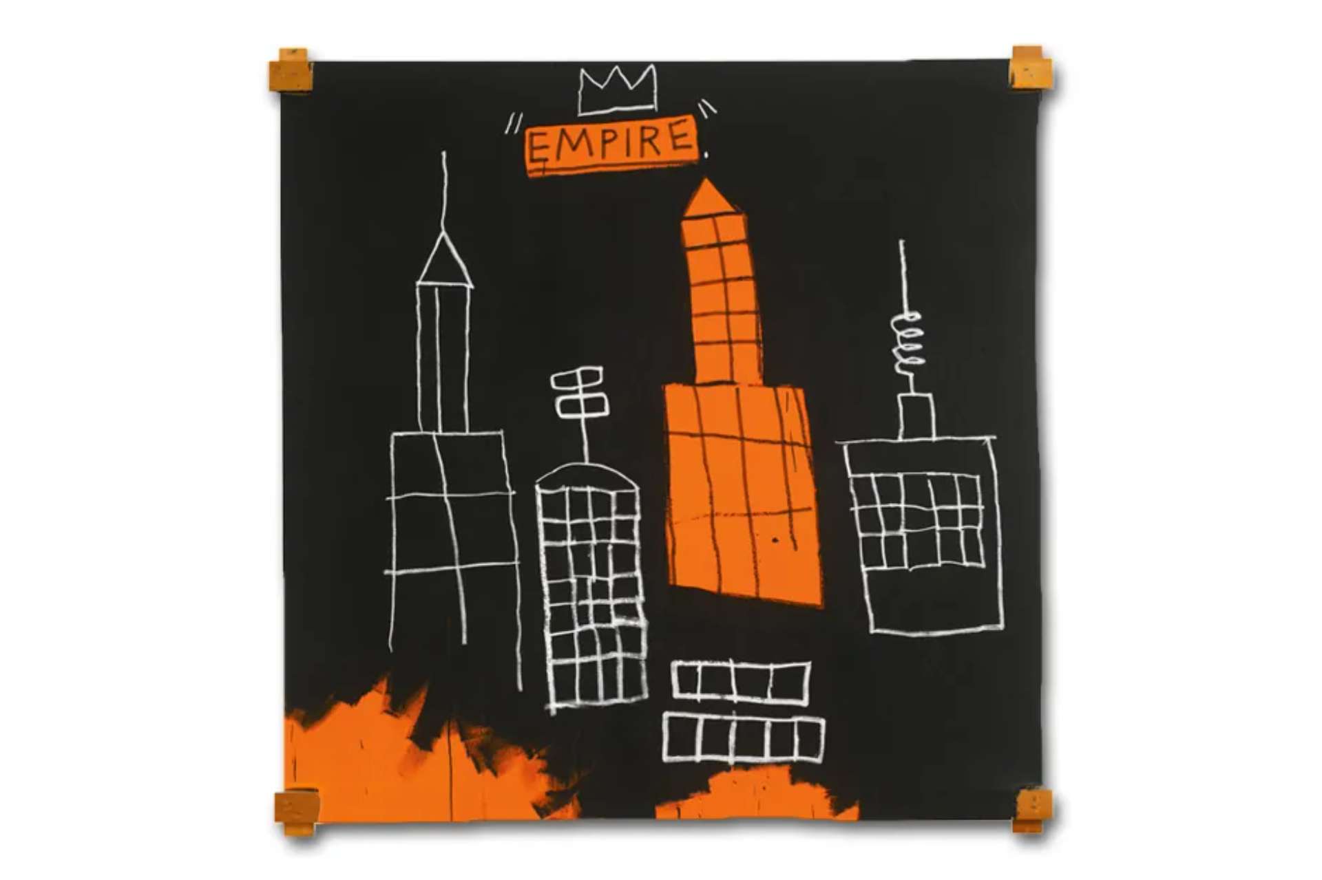 Jean-Michel Basquiat’s Mecca. A Neo-Expressionist painting depicting the artist’s version of The Empire State Building. One building that is orange, the others sketched in white against a black background. The text “empire” reads in the top centre of the painting with an outline of a crown above it.
